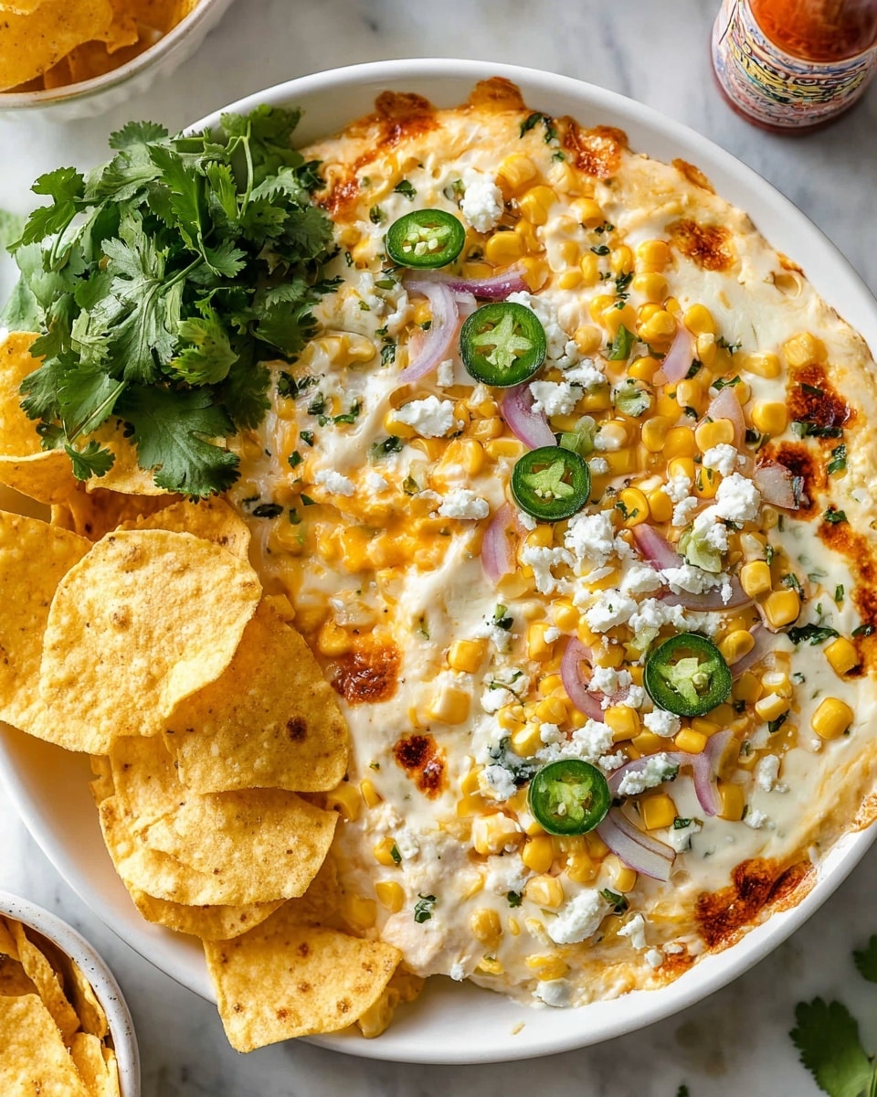 A white plate is filled with a creamy cheesy dip layered with melted cheese that has light golden brown spots and a smooth texture. The dip is topped with bright yellow corn kernels, small bits of red onion, and slices of green jalapeño. On one side, fresh green cilantro leaves form a thick, leafy pile. In the front, several round, folded yellow corn chips scoop up the dip, some covered with melted cheese and corn. Crumbled white cheese is scattered over the top, adding a crumbly texture. The plate rests on a white marbled surface with a bottle of hot sauce and a bowl partly visible below. Photo taken with an iphone --ar 4:5 --v 7