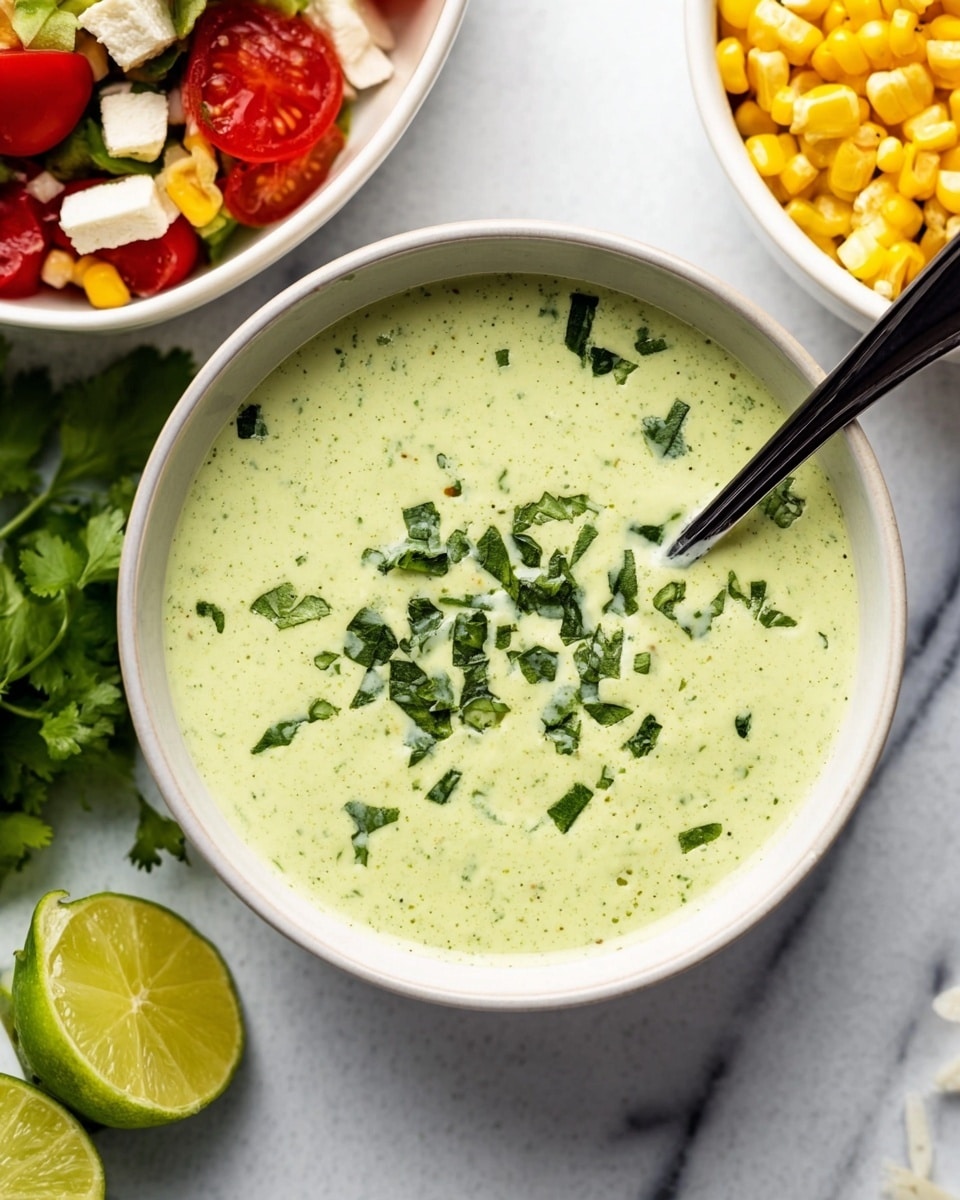 A white bowl filled with smooth pale green creamy sauce topped with small pieces of chopped dark green herbs. A black spoon rests inside the bowl on the right side. The bowl sits on a white marbled surface next to some dark green cilantro leaves and two halves of a bright green lime at the bottom left. To the right edge, parts of a white bowl with yellow corn and another with a colorful salad of red tomatoes, yellow corn, and white cheese are visible. Photo taken with an iphone --ar 4:5 --v 7