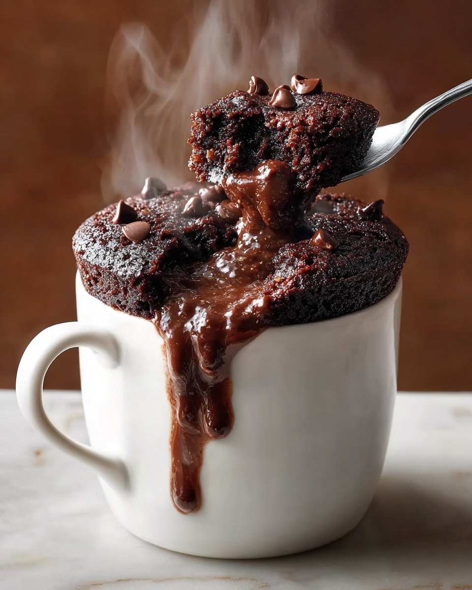 A white mug filled with a rich, dark chocolate cake that has a slightly rough top layer dotted with melted chocolate chips; the cake is cracked open near the top to reveal a gooey, melted chocolate center that is thick and glossy, dripping slightly over the edge of the mug down the side; steam rises gently from the hot dessert, adding warmth to the scene; a spoon lifts a scoop of the moist, dark brown cake with some molten chocolate clinging to it, highlighting the softness inside; all this sits on a white marbled surface with a smooth, blurred brown background. photo taken with an iphone --ar 4:5 --v 7