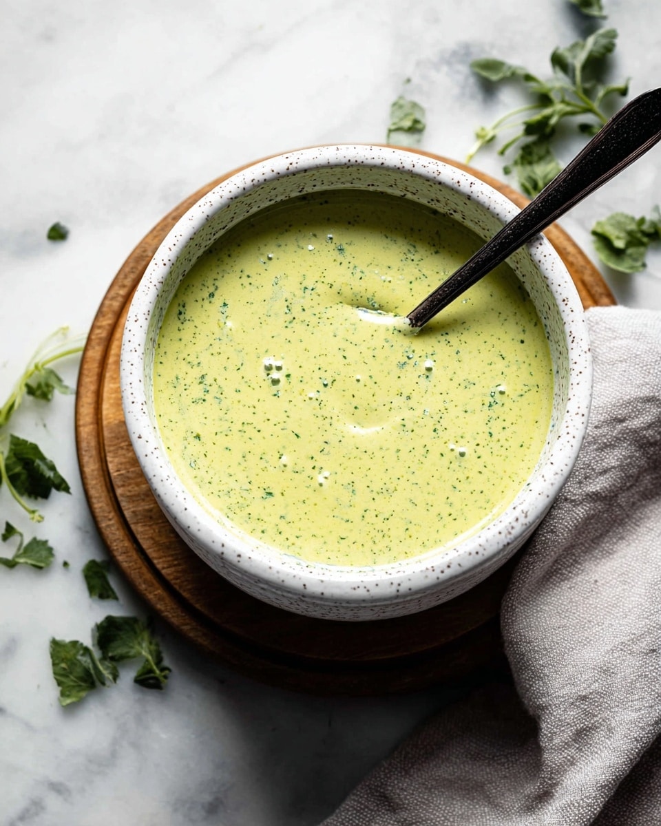 A white speckled bowl filled with a smooth, creamy sauce that is light green with small green flecks throughout, placed on a round wooden coaster on a white marbled surface. A dark metal spoon rests inside the bowl, partially submerged in the sauce. Around the bowl, scattered green herb leaves are visible, and a soft, light gray cloth is folded nearby. The sauce has a slightly shiny texture with tiny bubbles visible on its surface. photo taken with an iphone --ar 4:5 --v 7