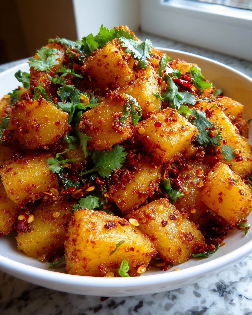 The image shows a close-up of a white bowl filled with golden-brown potato cubes coated in a reddish spicy seasoning with small bits of garlic or chili flakes, giving them a crunchy texture. The potatoes are scattered and piled high in the bowl, with fresh green cilantro leaves sprinkled on top for a touch of color and freshness. The bowl sits on a white marbled surface near a window, with natural light highlighting the crispiness and rich colors of the dish. photo taken with an iphone --ar 4:5 --v 7