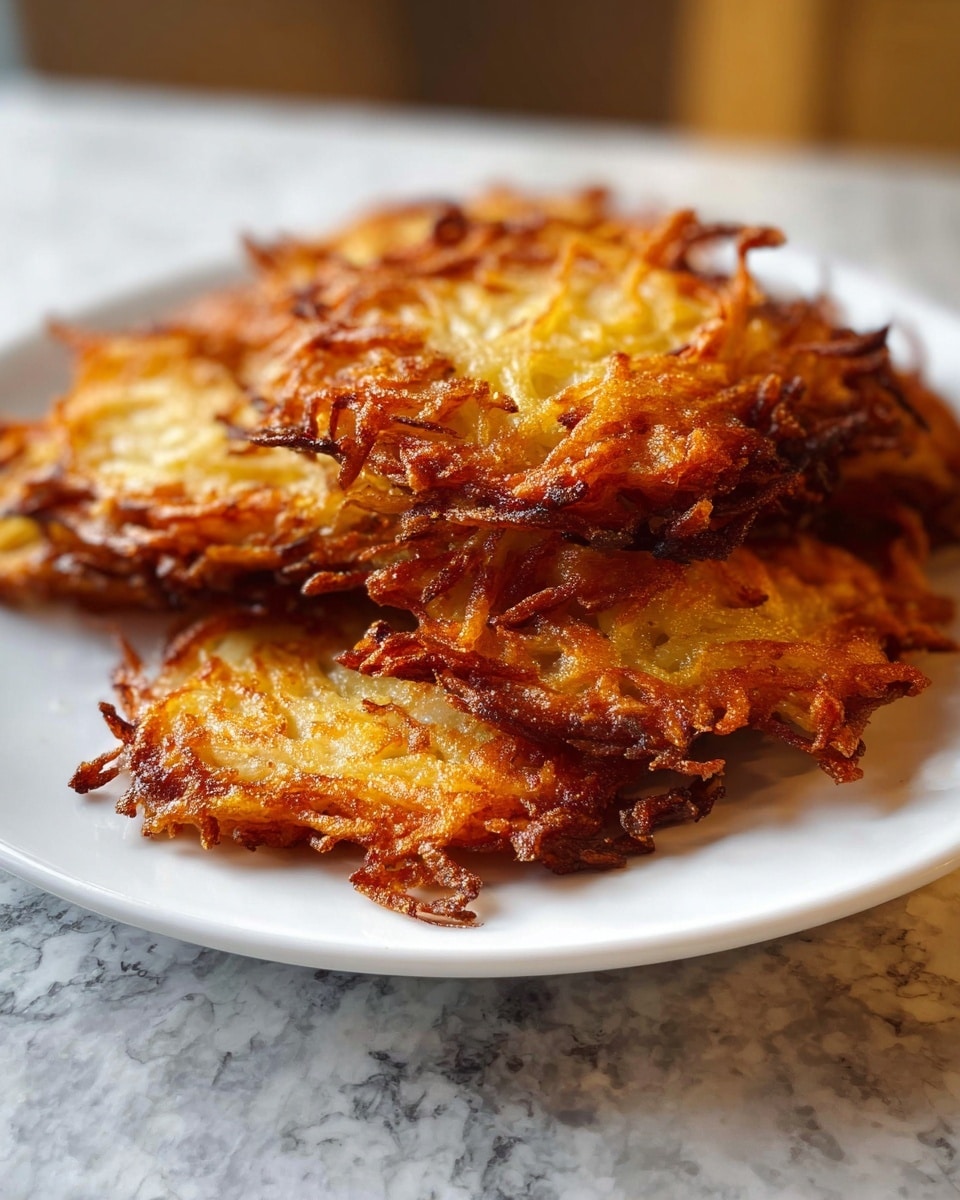 A white plate holds a stack of five golden brown potato latkes, each with crispy, lacy edges and a slightly uneven shape showing the texture of shredded potatoes. The latkes have a rich, fried look with darker crunchy spots around the edges and lighter golden areas near the center, giving a contrast of crunchy and tender textures. They overlap in a loose pile in the center of the plate, resting on a white marbled surface in soft lighting, showing the warm, inviting color of the fried potatoes. Photo taken with an iphone --ar 4:5 --v 7
