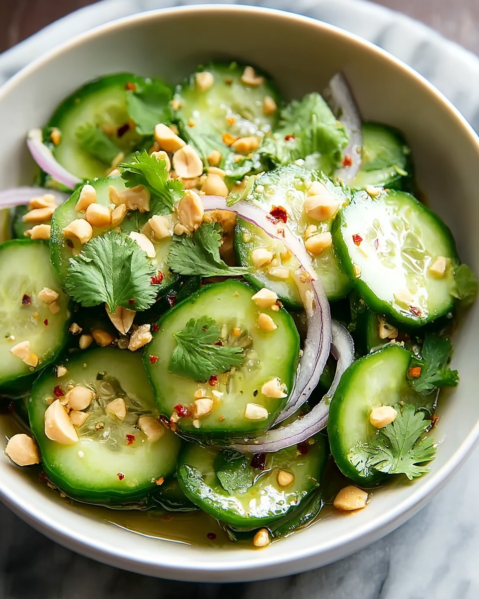 A bowl filled with several layers of thin, bright green cucumber slices topped with small pieces of light brown chopped peanuts scattered all over. Mixed in are thin slices of pale purple onion and fresh, dark green cilantro leaves placed on top and throughout the salad. The ingredients are lightly coated with a shiny dressing that gives a slightly wet look, and tiny red chili flakes are sprinkled across the salad. The bowl is white and sits on a surface with a white marbled texture. photo taken with an iphone --ar 4:5 --v 7