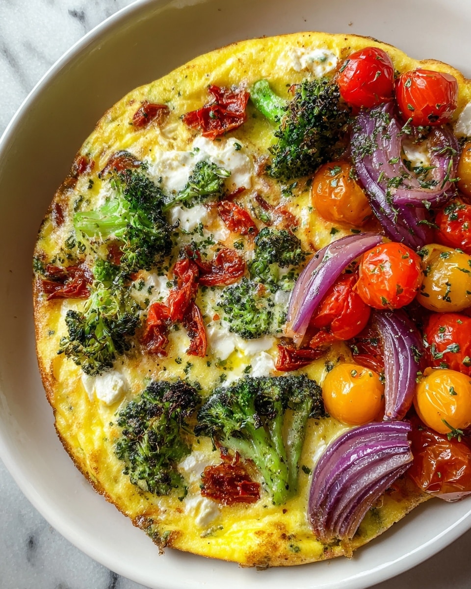 The dish shows a round frittata on a white plate, with a base layer of cooked yellow egg, topped with scattered bright green broccoli florets, small pieces of roasted red tomatoes, and bits of white, slightly browned cheese spread unevenly across the surface. On one side of the plate is a colorful side of roasted cherry tomatoes in red and yellow, mixed with soft, translucent purple onion rings sprinkled lightly with herbs. The plate sits on a white marbled surface. Photo taken with an iphone --ar 4:5 --v 7