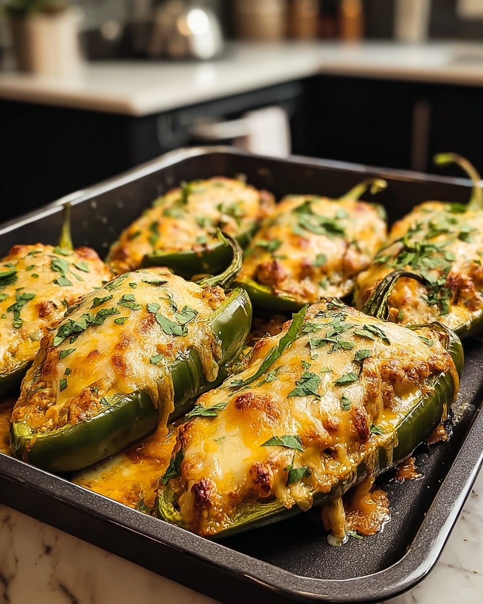 Four stuffed green peppers are placed side by side in a dark baking tray on a white marbled surface. Each pepper is cut in half lengthwise and filled with a textured mixture topped with a thick layer of melted golden brown cheese, slightly browned at the edges. Small green herb pieces are sprinkled over the cheese. The tray shows some melted cheese and sauce pooling around the peppers. Photo taken with an iphone --ar 4:5 --v 7