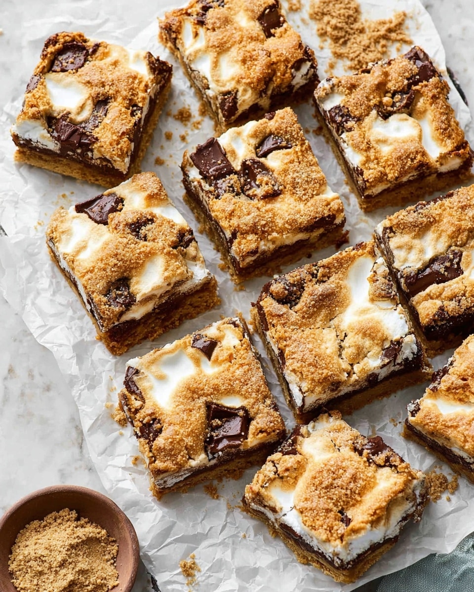 A white tray holds nine bars of baked dessert cut into squares, each bar showing a rough golden-brown top layer with crisp edges and embedded melted chocolate chunks that are dark brown and slightly glossy; between the top layer and the base, patches of white melted marshmallow create a soft, fluffy texture visible in swirls and small pockets, while the base is dense and slightly darker. The bars rest on crinkled white parchment paper, all placed on a white marbled textured surface, while a small brown bowl filled with light brown crumbs sits near the bottom left corner. photo taken with an iphone --ar 4:5 --v 7