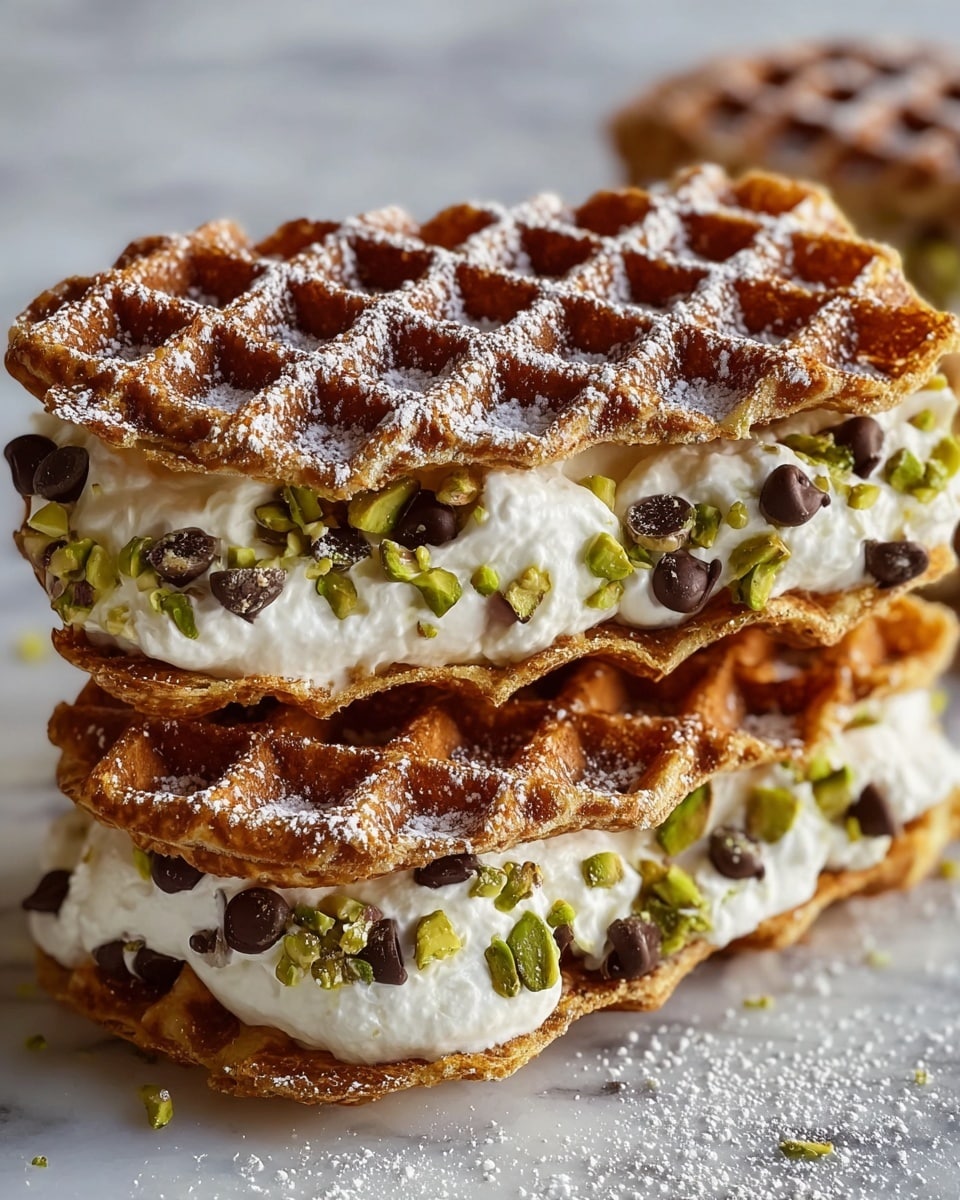 The image shows two waffle sandwich desserts stacked close together on a white marbled surface. Each sandwich has two thin, golden brown waffle layers with a crisp texture and a visible grid pattern. Between the waffles is a thick, fluffy white cream layer, generously studded with small dark chocolate chips and bright green chopped pistachios. The top waffle is lightly dusted with powdered sugar, adding a soft white accent to the warm brown color. The overall look is rich and inviting, with a clear contrast between the creamy filling and the crunchy waffles. photo taken with an iphone --ar 4:5 --v 7