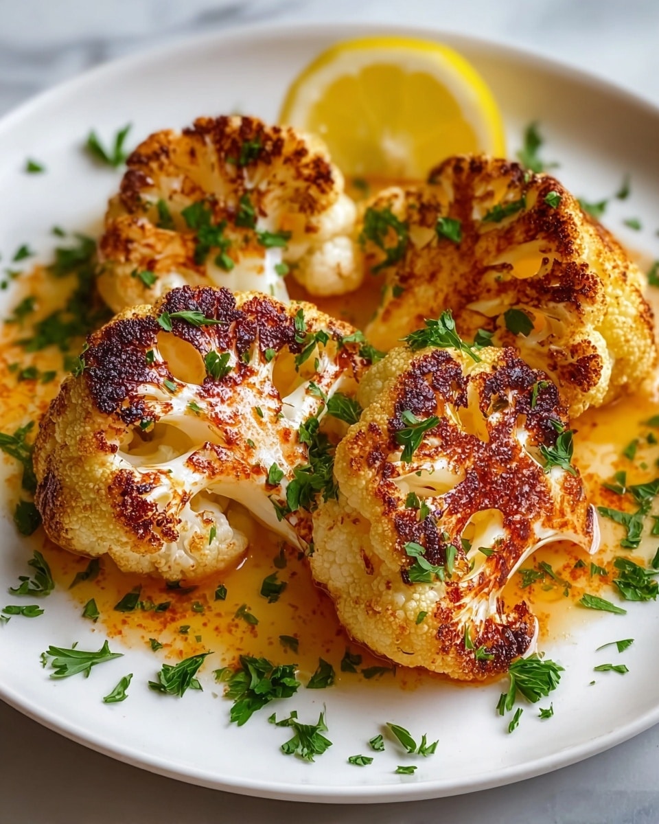 A white plate holds five grilled cauliflower florets that are golden brown with char marks, giving a crispy, slightly burnt look on their tops and sides. The white florets show some light grill lines and charred spots, covered with chopped green parsley scattered on and around them. A light orange sauce pools at the bottom of the plate around the cauliflower, with a bright yellow lemon wedge placed on the plate’s side. The scene is set against a white marbled surface, creating a fresh and clean look. Photo taken with an iphone --ar 4:5 --v 7