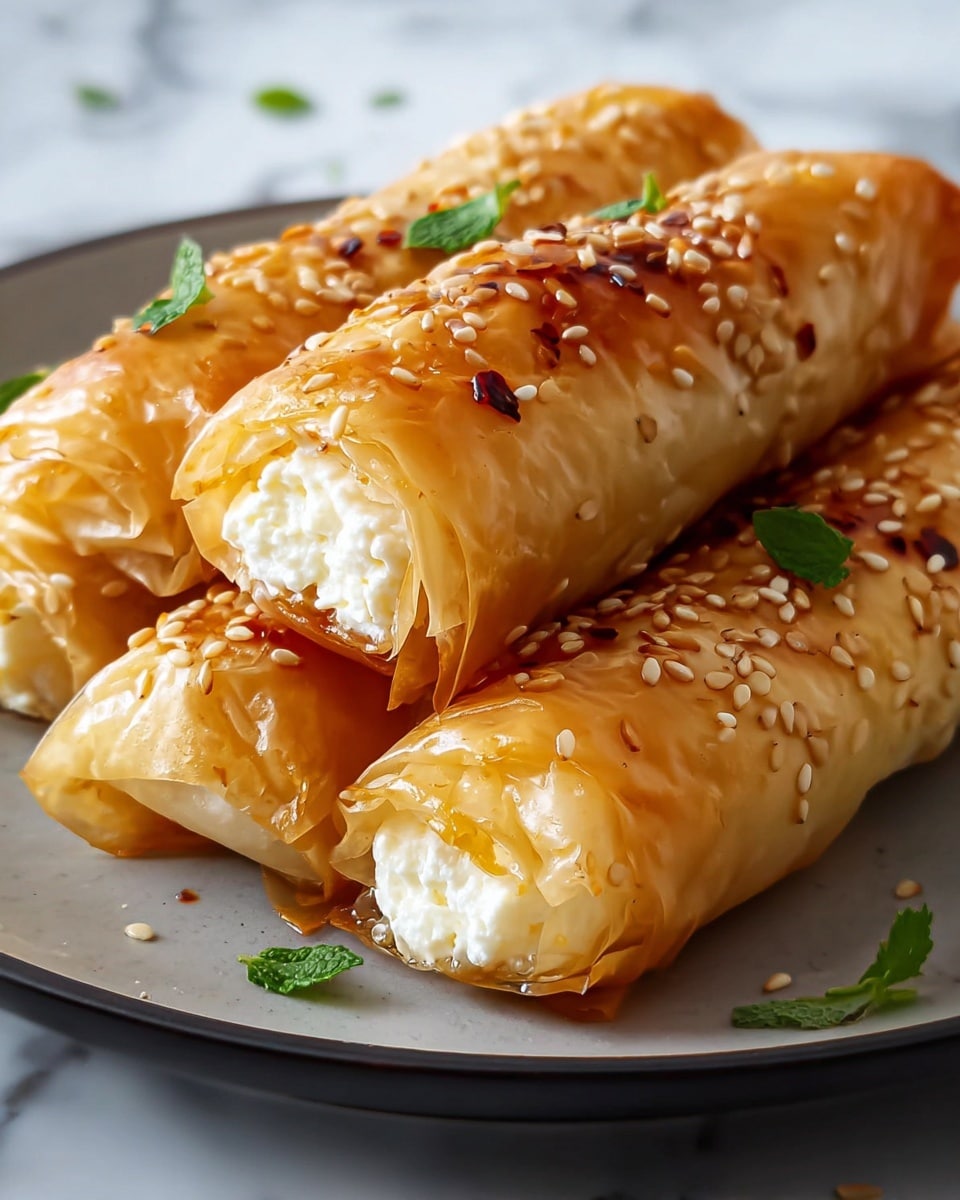 The image shows four golden brown rolls made of thin, crispy layers of flaky pastry wrapped around a soft white cheese filling visible at the ends. The rolls are sprinkled with white sesame seeds and small red chili flakes, adding texture and slight color contrast. Small green herb leaves are placed on top and around the rolls, adding a fresh touch. The rolls are laid close together on a white plate, and there is a subtle shine of oil on the surface of the pastry. The background is a white marbled texture. photo taken with an iphone --ar 4:5 --v 7
