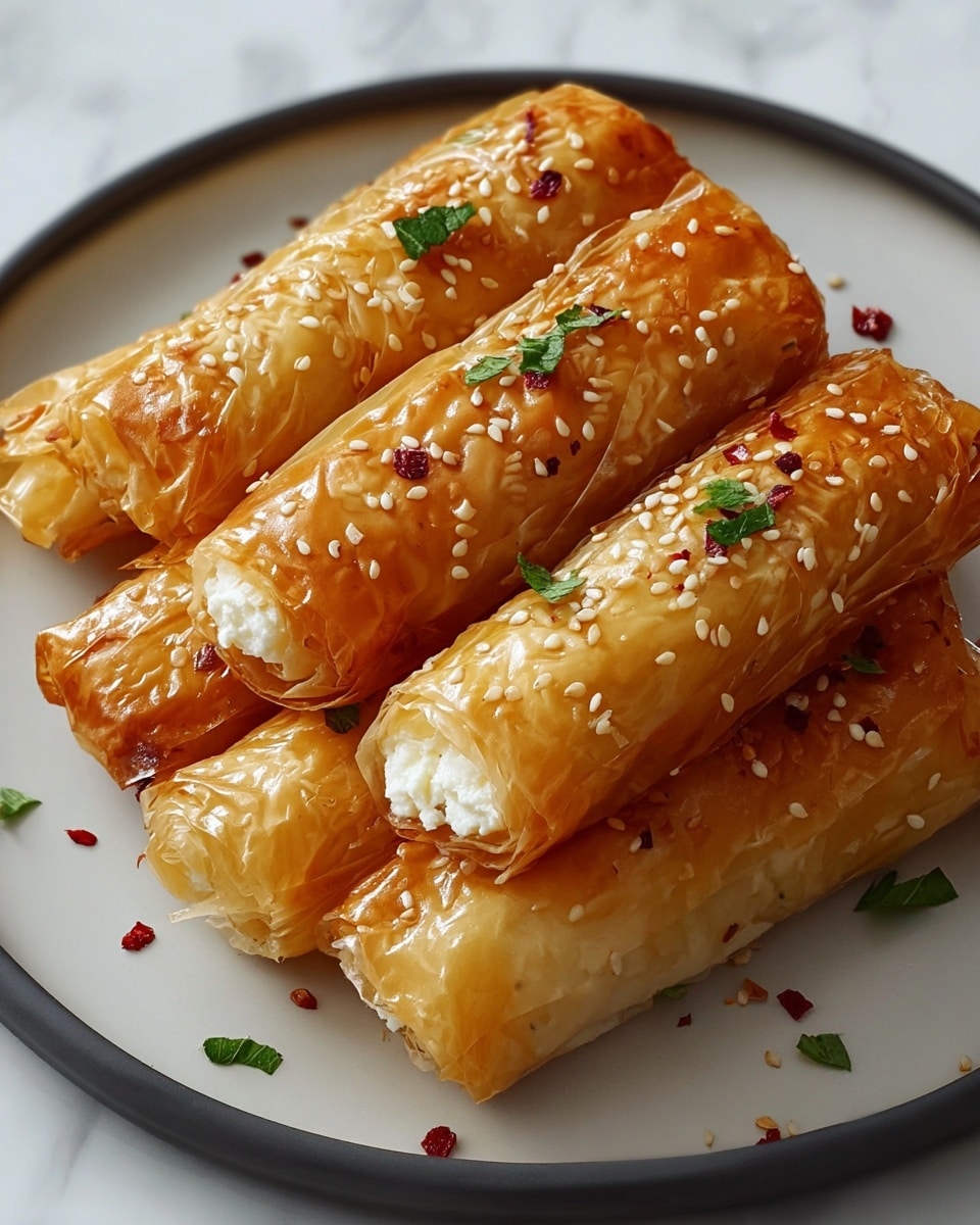 The image shows four golden-brown phyllo pastry rolls filled with white creamy cheese, arranged closely on a white plate. Each roll has multiple thin, crispy layers of phyllo dough visible through its shiny, flaky texture. The surface of the rolls is sprinkled with white sesame seeds and small red chili flakes, topped with tiny green herb leaves. The plate sits on a white marbled surface, adding a bright and clean contrast to the warm tones of the rolls. photo taken with an iphone --ar 4:5 --v 7