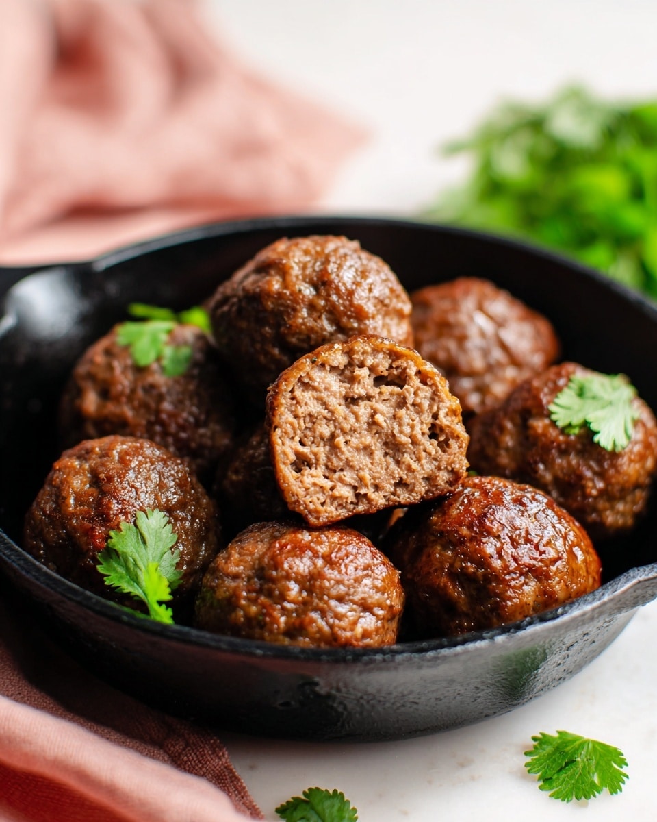 A black cast iron skillet is filled with seven round brown meatballs, each with a slightly rough texture and glistening coating that suggests they are moist. One meatball is cut in half and placed on top, revealing a dense and finely textured interior with a warm brown shade. A few bright green cilantro leaves sit atop and beside the meatballs, adding a fresh contrast. The skillet rests on a white marbled surface with a glimpse of a green leafy garnish in the blurred background and a soft pink cloth partially visible to the left. Photo taken with an iphone --ar 4:5 --v 7