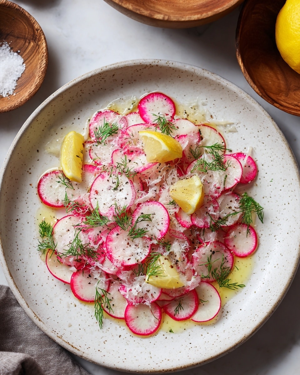 A white speckled plate holds a thin layer of round, pink-edged radish slices spread evenly across the surface, some overlapping slightly. On top of the radishes are small lemon wedges placed sporadically, adding a bright yellow contrast. Fresh green dill sprigs are scattered throughout, adding a delicate touch. The dish is finished with a sprinkle of coarse white salt and cracked black pepper lightly spread over the top, and a light drizzle of oil can be seen glistening on the radishes. The plate sits on a white marbled surface with rustic wooden bowls and a lemon partially visible in the background. photo taken with an iphone --ar 4:5 --v 7