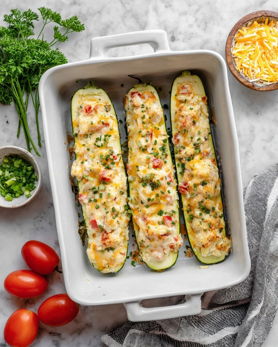 Four zucchini boats lay side by side in a white rectangular baking dish with handles, each filled with a creamy mixture that includes chunks of white and orange colors, likely cheese melts on top, with small pieces of red tomatoes and green herbs sprinkled over. The zucchini skins are a deep green, while their inner flesh is pale green. Around the dish, there are sprigs of fresh green parsley on a white marbled surface, a small white bowl filled with green chopped chives, a small white bowl with mixed shredded yellow and white cheese, and a gray and white striped cloth napkin. Bright red grape tomatoes are scattered near the dish. Photo taken with an iphone --ar 4:5 --v 7
