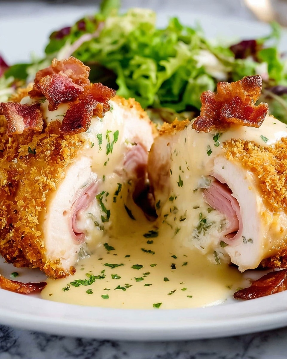 The image shows a close-up of two thick slices of chicken breast rolled around layers of light pink ham and melted creamy cheese inside. The chicken has a golden brown, crunchy crumb coating on the outside. A smooth, pale yellow creamy sauce with green herbs is poured over the chicken, with small pieces of crispy bacon on top. Fresh green salad leaves are blurred in the background. The dish is served on a white plate, all placed on a white marbled textured surface. Photo taken with an iphone --ar 4:5 --v 7