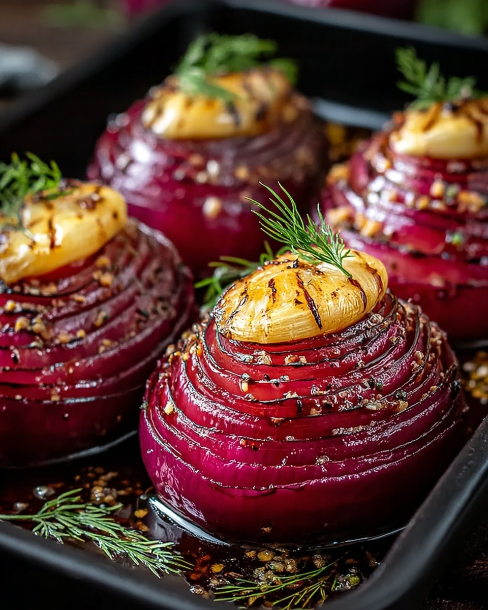 The image shows four sliced red onions arranged in a black baking tray. Each onion is cut into thin, even vertical slices but kept whole at the bottom, creating a fan-like texture. The onions have a shiny, glazed surface, glistening with oil and sprinkled with small grains of herbs and spices. On top of each onion is a golden-brown roasted garlic bulb half, adding a smooth contrasting texture. Fresh green dill sprigs garnish the onions, adding a touch of color. The black tray holds a small amount of dark oil at the bottom, enhancing the shine of the onions. The background is slightly blurred, focusing attention on the vibrant layers of the onions. photo taken with an iphone --ar 4:5 --v 7