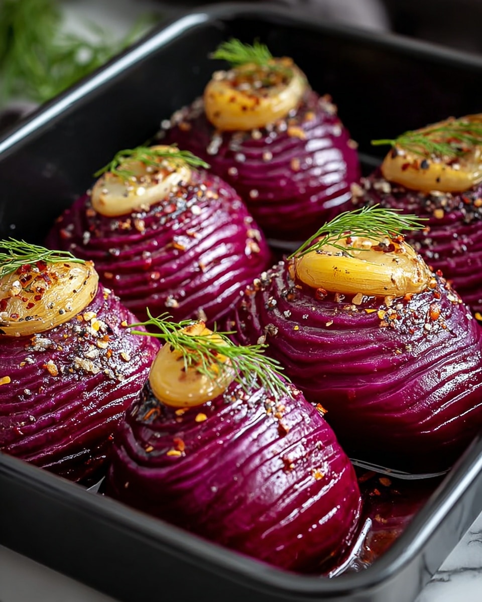 Four bright purple Hasselback beets with thin, even slices all along their sides sit closely together in a black baking pan. Each beet is topped with a golden-brown caramelized garlic clove and small green dill sprigs. The beets glisten with a shiny glaze, sprinkled with coarse black pepper, red pepper flakes, and chopped herbs. The black pan rests on a white marbled surface with a soft natural light highlighting the colors and textures. photo taken with an iphone --ar 4:5 --v 7