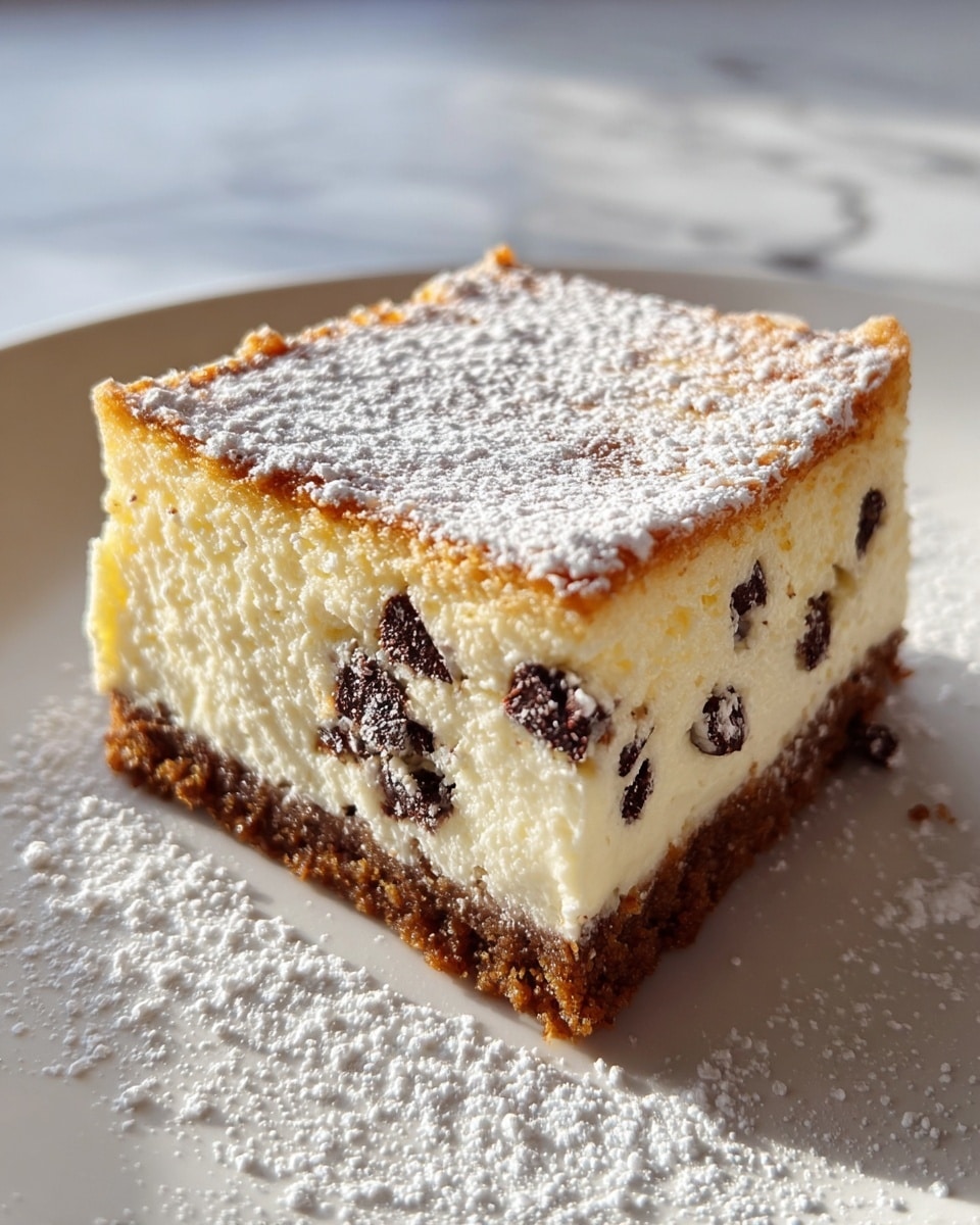 A square piece of cheesecake with three layers sits on a white plate over a white marbled surface. The bottom layer is a thick, crumbly brown crust, the middle layer is a thick, creamy white cheesecake filling with small dark chocolate chips scattered inside, and the top layer is a thin golden-brown baked crust lightly dusted with white powdered sugar, some powder spilling onto the plate. Photo taken with an iphone --ar 4:5 --v 7