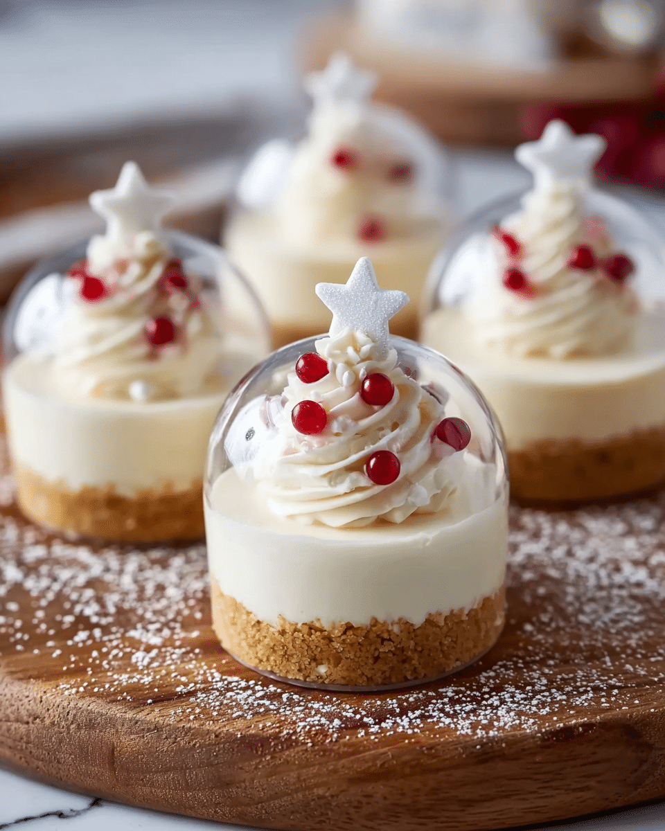 This image shows round mini cheesecakes with three clear layers on a wooden board dusted with powdered sugar. The bottom layer is a crumbly golden brown crust, firm and textured. The middle layer is smooth and creamy white cheesecake filling, slightly thick and soft. On top is a swirl of whipped cream decorated with small red glossy edible beads and a small white star-shaped candy at the peak. Each mini cheesecake is covered by a transparent dome that softly reflects light. The scene is set against a white marbled texture surface. photo taken with an iphone --ar 4:5 --v 7