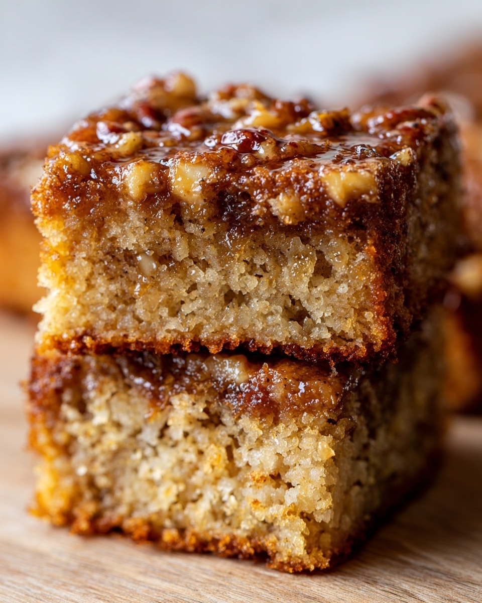 The image shows two square pieces of cake stacked, both having a light golden brown base with a moist, crumbly texture. The top layer is glossy and sticky with chopped nuts embedded throughout, giving a rough, textured look due to the nuts' uneven surface. The sides of the cake reveal a soft, slightly porous interior with bits of nuts inside as well. The background surface is a white marbled texture, blurred to focus on the cake pieces. photo taken with an iphone --ar 4:5 --v 7