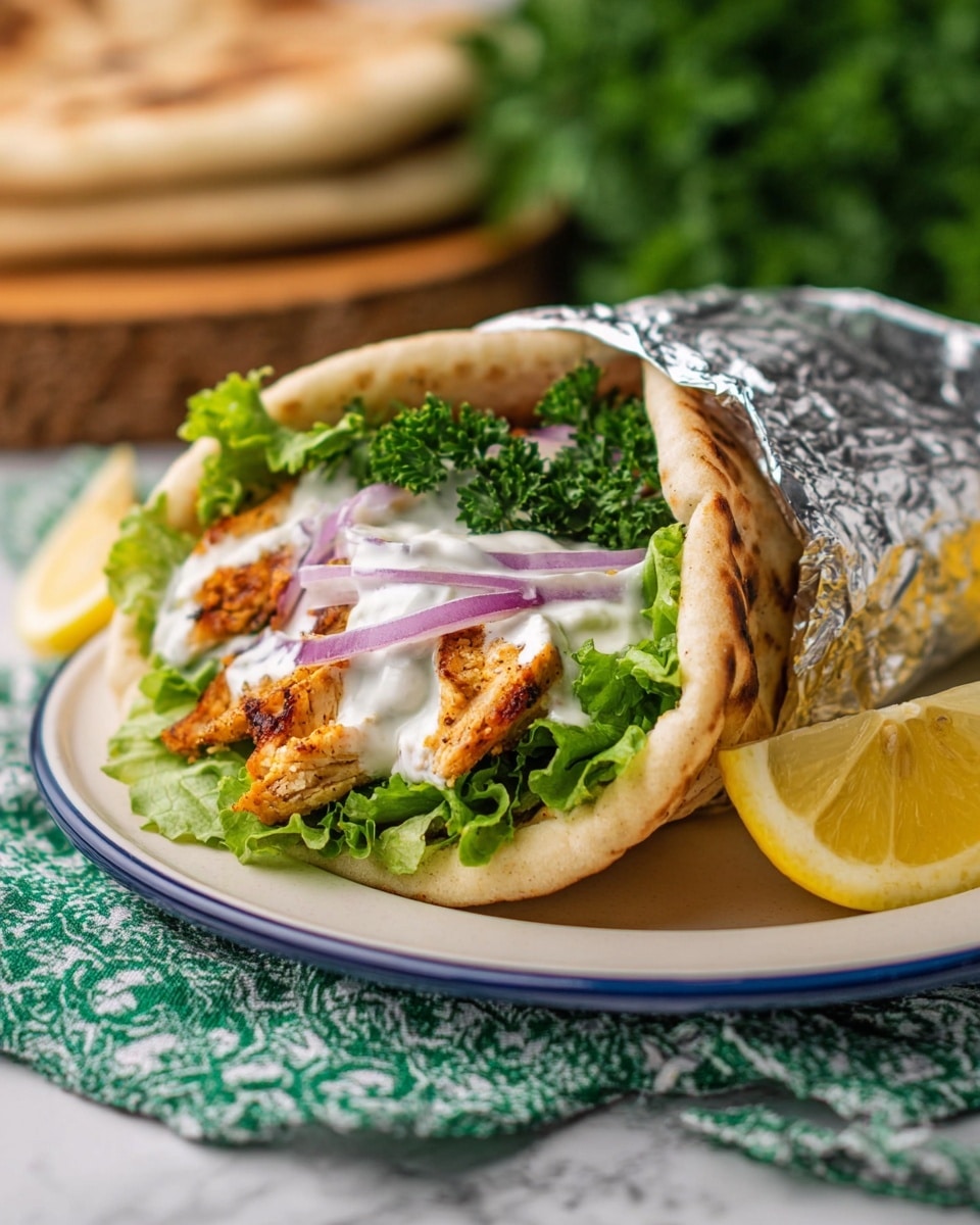A close-up of a pita wrap resting on a white plate with a blue rim, placed on a green and white patterned cloth over a white marbled surface. The wrap has four visible layers: the soft, slightly toasted pita bread folded around fresh green lettuce at the bottom, thin purple onion slices above the lettuce, a layer of golden brown grilled chicken with a crispy texture, and a generous topping of creamy white sauce with a smooth texture. To the side of the wrap, there is a small lemon wedge and fresh green parsley for garnish. In the blurred background, some pita bread and leafy greens are visible. Photo taken with an iphone --ar 4:5 --v 7
