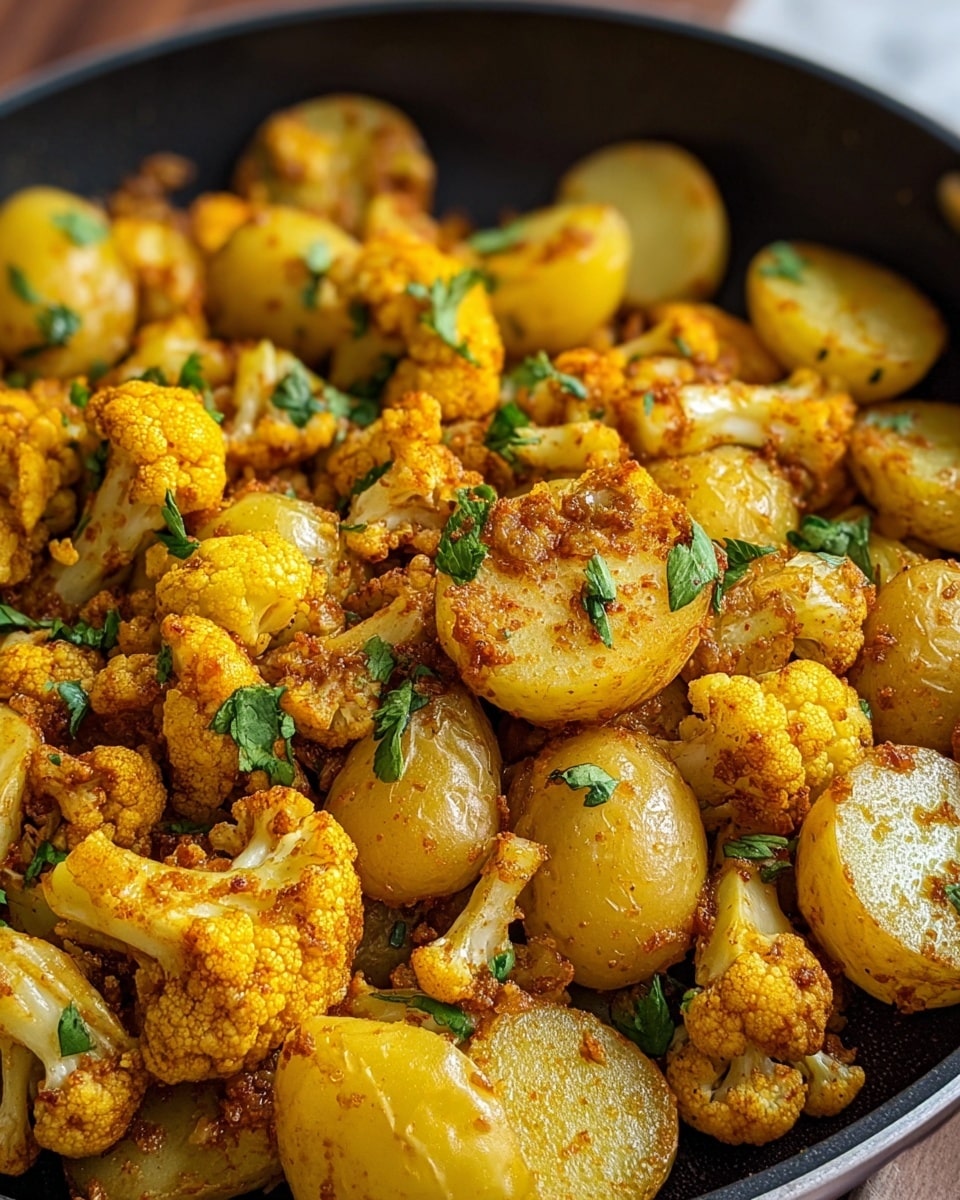 This image shows a close-up of a cooked dish in a black pan, placed on a white marbled surface. The dish has two main layers: the bottom layer consists of golden brown small potato halves with a soft, slightly shiny texture, and the top layer features yellowish-orange cauliflower florets coated with spices, mixed with chopped green herbs sprinkled evenly across the dish. The potatoes and cauliflower are lightly cooked, showing a rich, warm color and some browning from cooking. Photo taken with an iphone --ar 4:5 --v 7
