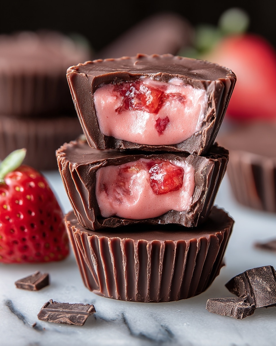 The image shows a stack of three dark chocolate cups on a white marbled surface, with two of them cut open to reveal a smooth, pink creamy filling inside. The chocolate cups have a glossy, rich brown outer shell with ridged sides. The filling inside looks soft and shiny, with bits of red fruit mixed in, adding texture and color contrast. Small chocolate chunks are scattered around the base, while a fresh red strawberry with green leaves sits slightly blurred in the background, enhancing the overall presentation. photo taken with an iphone --ar 4:5 --v 7