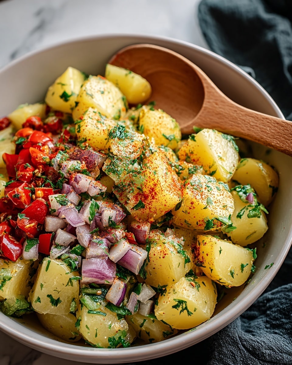 A close-up of a potato salad in a white bowl, showing about three layers of ingredients: the bottom layer has steamed yellow potatoes cut into chunks, the middle layer includes diced red onions and small pieces of red bell pepper, and the top layer is sprinkled with chopped green parsley and a light dusting of red chili powder, giving a mix of yellow, red, green, and purple colors. A wooden spoon rests inside the bowl, and the bowl sits on a white marbled surface with a dark cloth beside it. Photo taken with an iphone --ar 4:5 --v 7