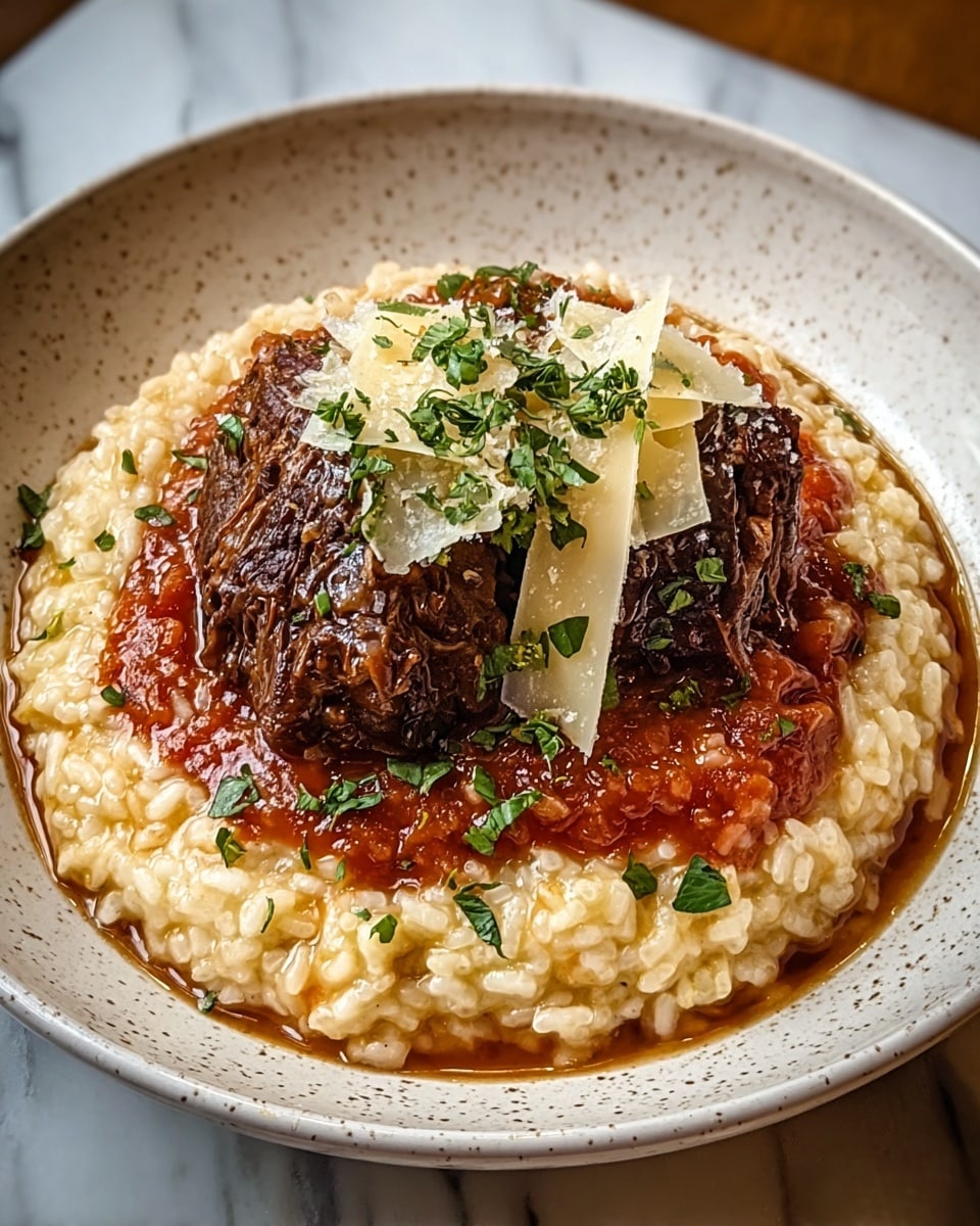 The dish shows a white speckled bowl filled with three main layers. The first layer is creamy risotto with a soft, slightly lumpy texture in a light beige color, covering the base of the bowl. Above the risotto is a thick, chunky reddish-brown tomato sauce spread evenly in the center. The top layer consists of two large, dark brown braised meat chunks with a rich, glossy texture, placed side by side. The meat is garnished with thin pale yellow cheese slices and a sprinkle of finely chopped green herbs, adding a fresh touch. The bowl sits on a white marbled surface. photo taken with an iphone --ar 4:5 --v 7