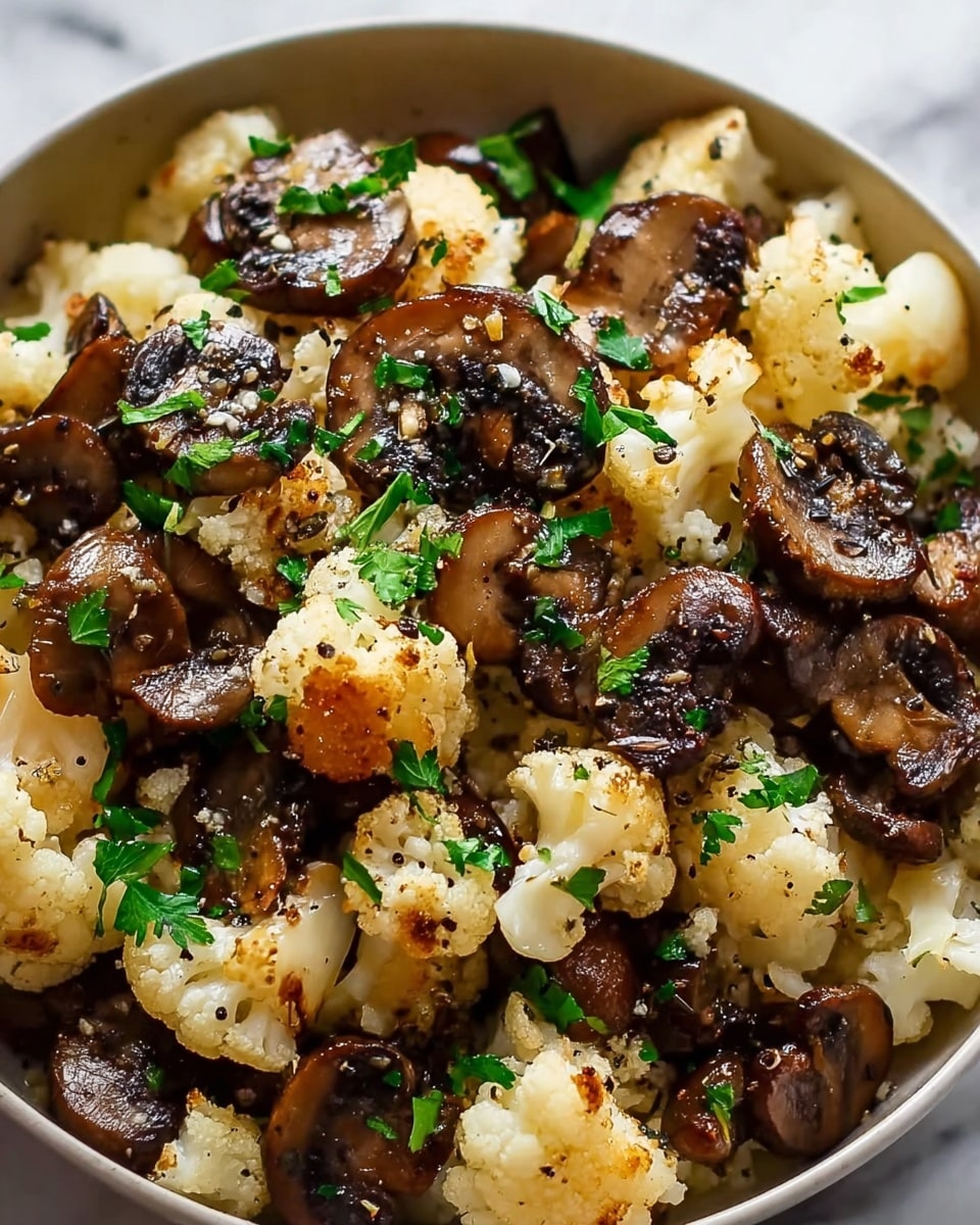 A close-up image of sautéed cauliflower and mushroom pieces in a white bowl, showing about two layers of ingredients. The bottom layer has small cauliflower florets with a light creamy color, soft texture, and slight golden-brown roasted spots. The top layer has sliced, glossy dark brown mushrooms with a slightly crispy edge, mixed evenly with chopped green parsley sprinkled all over. Tiny black pepper bits are scattered across the dish, adding contrast to the white and brown tones. The bowl sits on a white marbled texture surface. Photo taken with an iphone --ar 4:5 --v 7