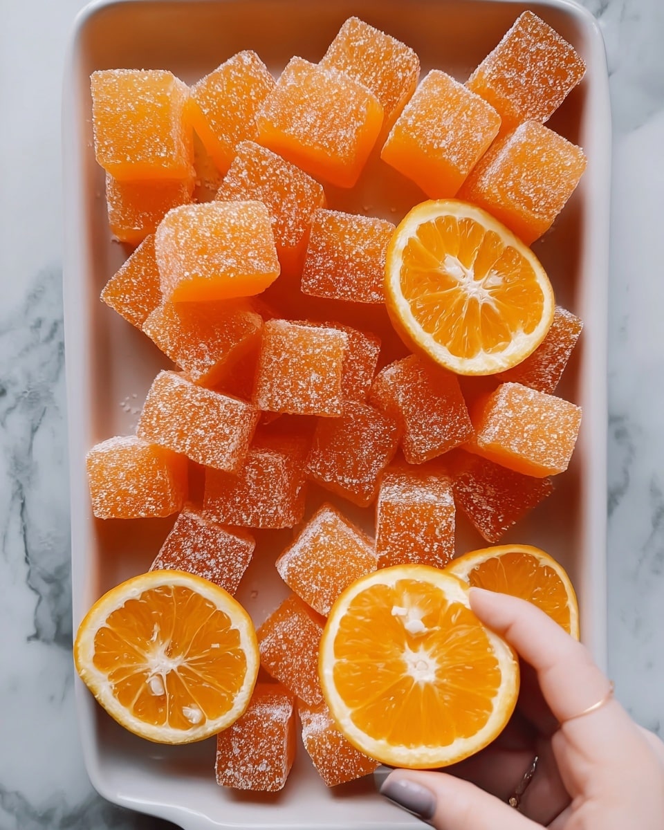 The image shows a rectangular white tray filled with bright orange, sugar-coated jelly cubes stacked in layers. Scattered among the jelly cubes are several halved fresh oranges, showing their juicy, segmented texture and vibrant color. A woman's hand is gently holding one of the halved oranges near the bottom of the tray, adding a natural touch to the arrangement. The tray is placed on a white marbled surface, enhancing the clean and fresh feel of the setup. Photo taken with an iphone --ar 4:5 --v 7