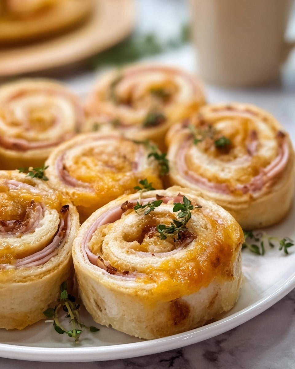The image shows a close-up of six pinwheel rolls neatly arranged on a white plate placed on a white marbled surface. Each roll has three visible layers starting with a smooth, golden-brown outer crust, followed by a light yellow melted cheese layer with a slightly glossy texture, and a light pink layer of thinly sliced meat swirled inwards toward the center. Small green herb leaves, likely parsley or thyme, are sprinkled evenly over the rolls, adding freshness and color contrast. The rolls appear soft with a slight crisp on the edges and the photo is softly focused on the frontmost roll with blurred background elements, including a light cream-colored cup. Photo taken with an iphone --ar 4:5 --v 7
