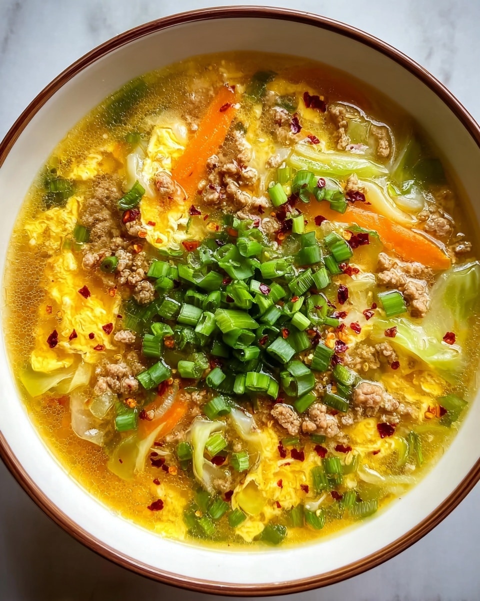 A top view of a bowl of soup with many colorful layers, placed on a white marbled surface. The base is a light yellow broth that fills the bowl, with soft yellow scrambled eggs spread through it. Orange carrot strips and light green cabbage pieces float on top, mixed with small bits of brown cooked ground meat. Bright green chopped scallions cover the center of the soup, sprinkled with tiny red chili flakes. The bowl is white with a thin brown rim, showing the clear layers inside. Photo taken with an iphone --ar 4:5 --v 7
