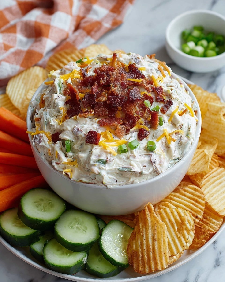 A white bowl filled with a thick creamy dip mixed with visible bits of green onion, shredded yellow cheese, and small red bacon pieces, topped with extra crispy bacon bits. The bowl is placed on a white plate holding fresh cucumber slices with dark green edges, bright orange carrot sticks, and ridged potato chips. In the background, a small white bowl with more sliced green onions is partially visible. All items rest on a surface with a white marbled texture, next to a folded orange-and-white checkered cloth. Photo taken with an iphone --ar 4:5 --v 7