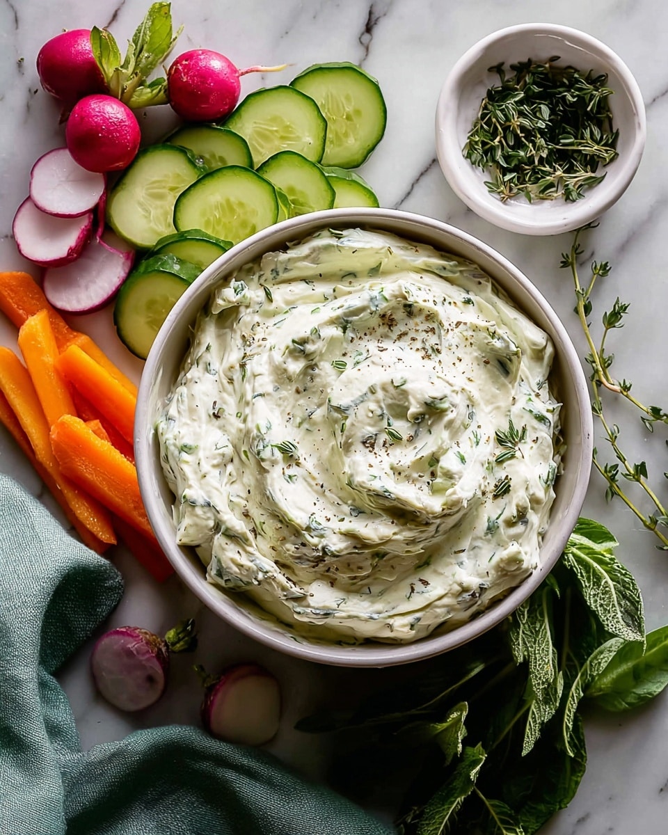 A round white bowl filled with a thick, creamy white dip that has green herb pieces mixed inside, the dip has a swirled, slightly rough texture and is topped with more small green herbs and black pepper. Next to the bowl, there are fresh vegetable slices including bright orange carrot sticks, green cucumber rounds, and whole purple radishes on a white marbled surface. A small white bowl with fresh herbs sits in the upper left corner, and a light green cloth is draped near the bottom left of the bowl. photo taken with an iphone --ar 4:5 --v 7