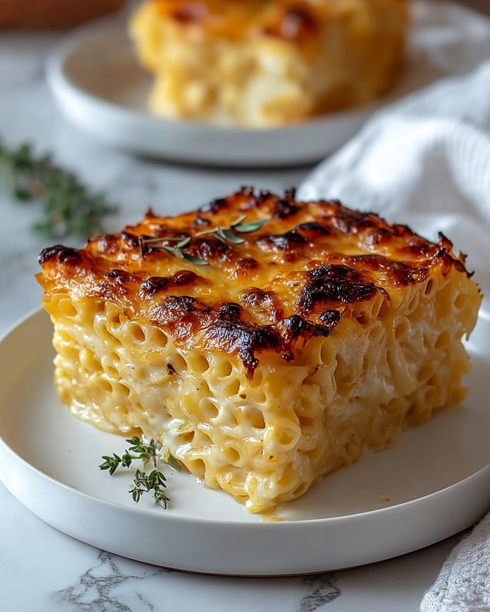 A square-shaped piece of baked pasta with three visible layers sits on a white plate, showing creamy yellow pasta intertwined and soft inside. The top layer is golden brown with a crispy, slightly burnt texture and scattered dark spots, suggesting a cheese crust. A small green herb sprig lies on top for garnish. In the background, there is a white cloth and a blurred second plate holding another piece of the same dish, all placed on a white marbled surface. photo taken with an iphone --ar 4:5 --v 7