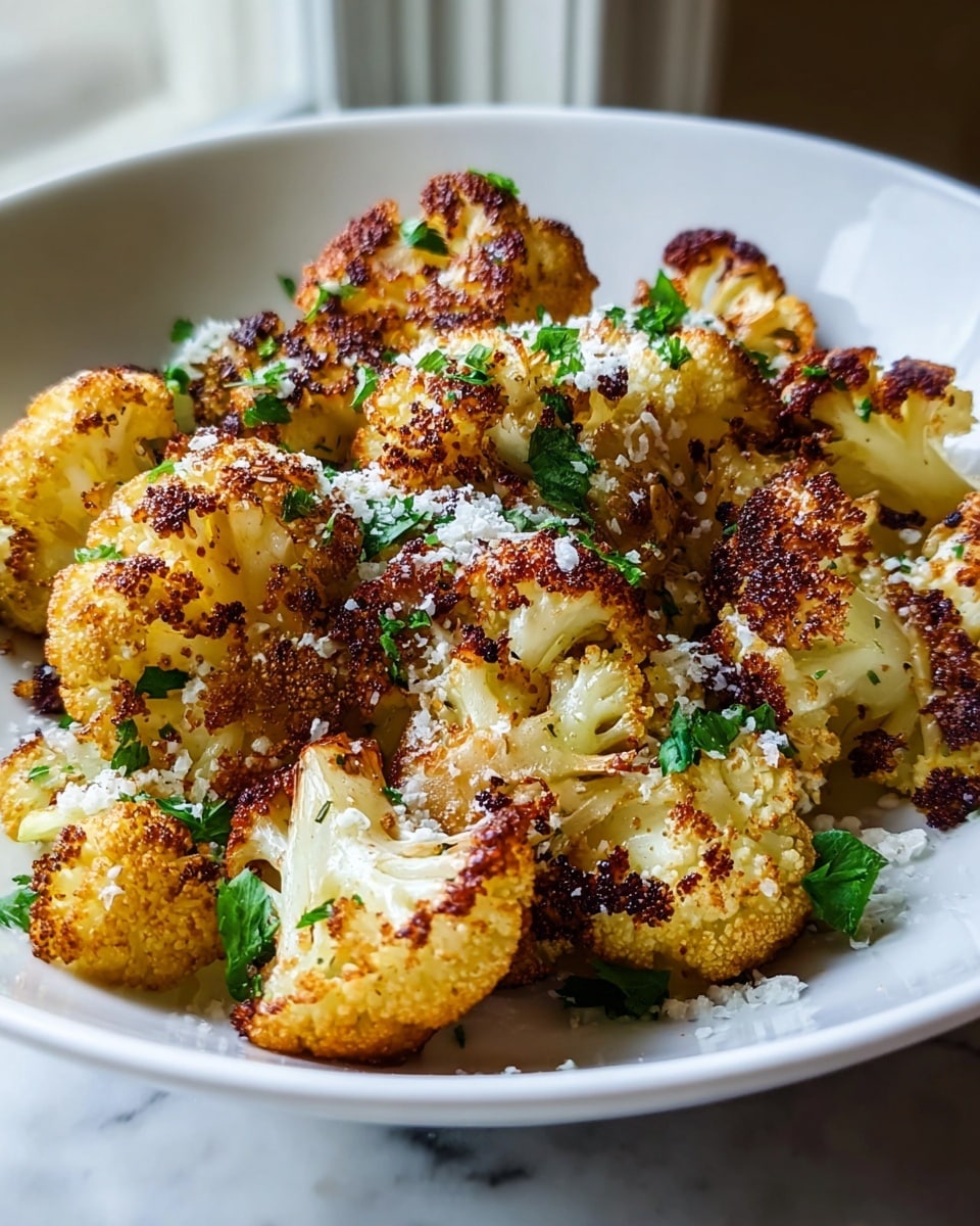 A white bowl is filled with several pieces of roasted cauliflower, each piece showing a golden brown, slightly crispy texture with charred edges. The florets vary in size, piled up with visible light yellow inner flesh and darker browned outer parts. Scattered on top are small green parsley leaves and some white grated cheese, adding color and texture contrast. The bowl sits on a white marbled surface near a window, where natural light softly highlights the crispy details of the cauliflower. photo taken with an iphone --ar 4:5 --v 7