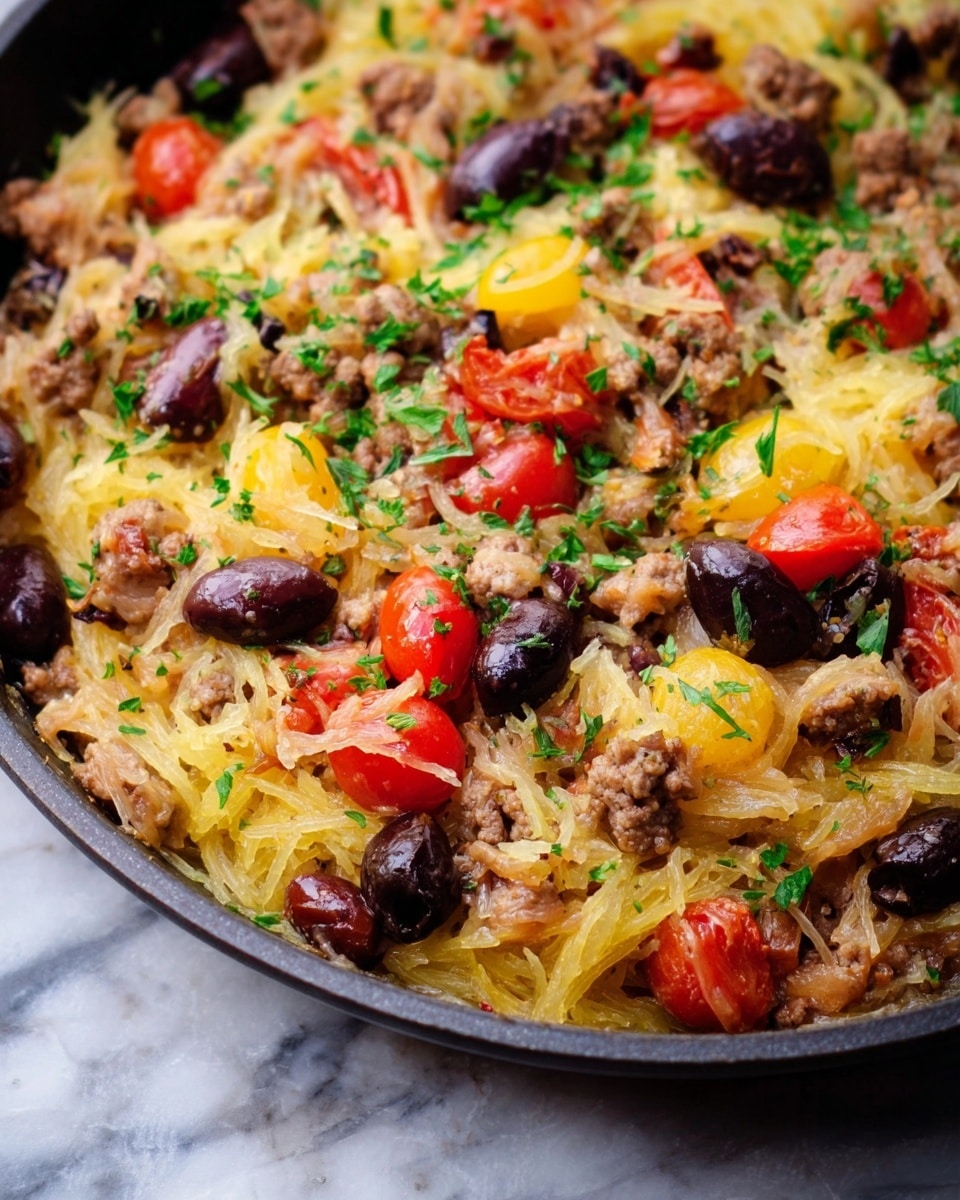 The image shows a close-up of a skillet dish with multiple layers. The base layer is spagetti-like pale yellow strands, slightly glossy. Mixed in are chunks of cooked ground meat in light brown and pieces of tomato in bright red, adding color contrast. Dark purple olives are scattered throughout, giving a rich tone. Some chopped green herbs are sprinkled on top, adding brightness and freshness. The skillet itself is black and the dish is set against a white marbled surface. Photo taken with an iphone --ar 4:5 --v 7