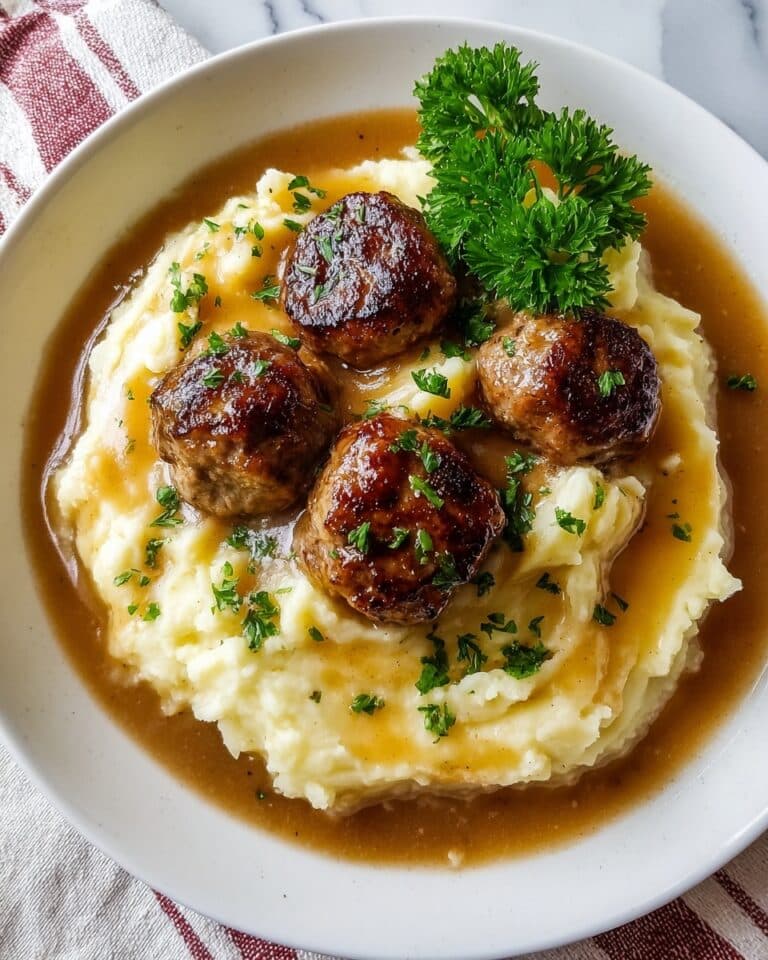 Salisbury Steak Meatballs with Garlic Herb Mashed Potatoes Recipe