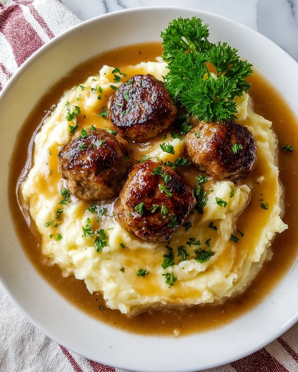 A white plate holds a dish with a base layer of creamy mashed potatoes, which are slightly uneven with soft peaks and a pale yellow color. Surrounding the mashed potatoes is a glossy brown gravy that pools gently at the base of the plate. On top of the mashed potatoes, there are four round, browned meatballs with a textured, grilled surface and a shiny glaze. The dish is sprinkled with chopped green herbs, some scattered over the mashed potatoes and meatballs, with a fresh green parsley sprig placed on the side for garnish. The scene is set on a white marbled surface. photo taken with an iphone --ar 4:5 --v 7