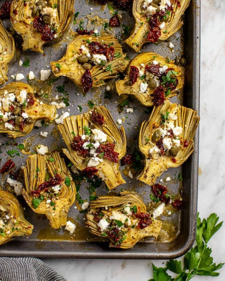 Simple Roasted Artichoke Hearts with Feta, Sun-Dried Tomatoes, and Parmesan Recipe