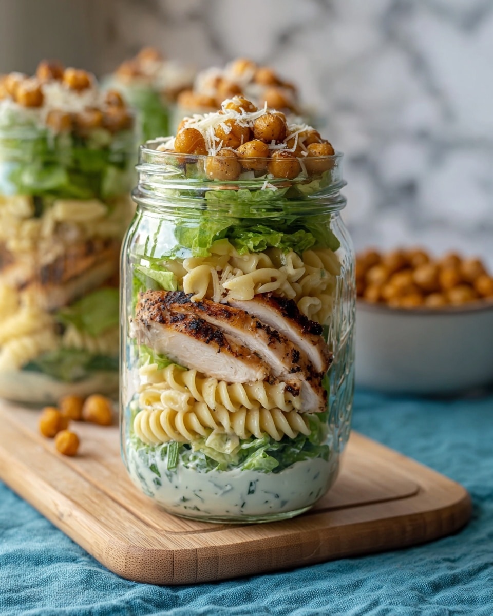 A clear glass jar shows five layers of food, sitting on a wooden board above a blue cloth with a white marbled texture surface in the background. The bottom layer is a creamy white sauce with small green herb pieces mixed in. Above that is a layer of chopped green lettuce, followed by a layer of light yellow spiral pasta. On top of the pasta, there are slices of grilled chicken breast with golden brown and slightly charred edges. Another layer of spiral pasta sits above the chicken, then topped with more green lettuce. The topmost layer includes golden brown roasted chickpeas sprinkled with white shredded cheese and a light dusting of seasoning. In the blurry background, more jars with similar contents can be seen along with a bowl of roasted chickpeas. Photo taken with an iphone --ar 4:5 --v 7