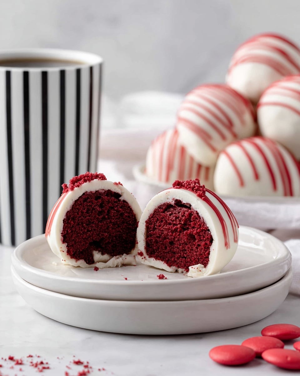 The image shows a silver baking tray lined with white parchment paper holding twelve round cheesecake bites covered in smooth white coating. Each bite is decorated with thin, uneven red candy drizzle lines across the top, creating a striped pattern. The cheesecake bites are evenly spaced in three rows of four. In the top left corner, there is a small inset image of a clear glass bowl filled with glossy red candy coating, with a silver spoon resting inside. The whole scene is placed on a white marbled surface, with a white towel featuring black stripes partially visible in the bottom left corner. Photo taken with an iphone --ar 4:5 --v 7