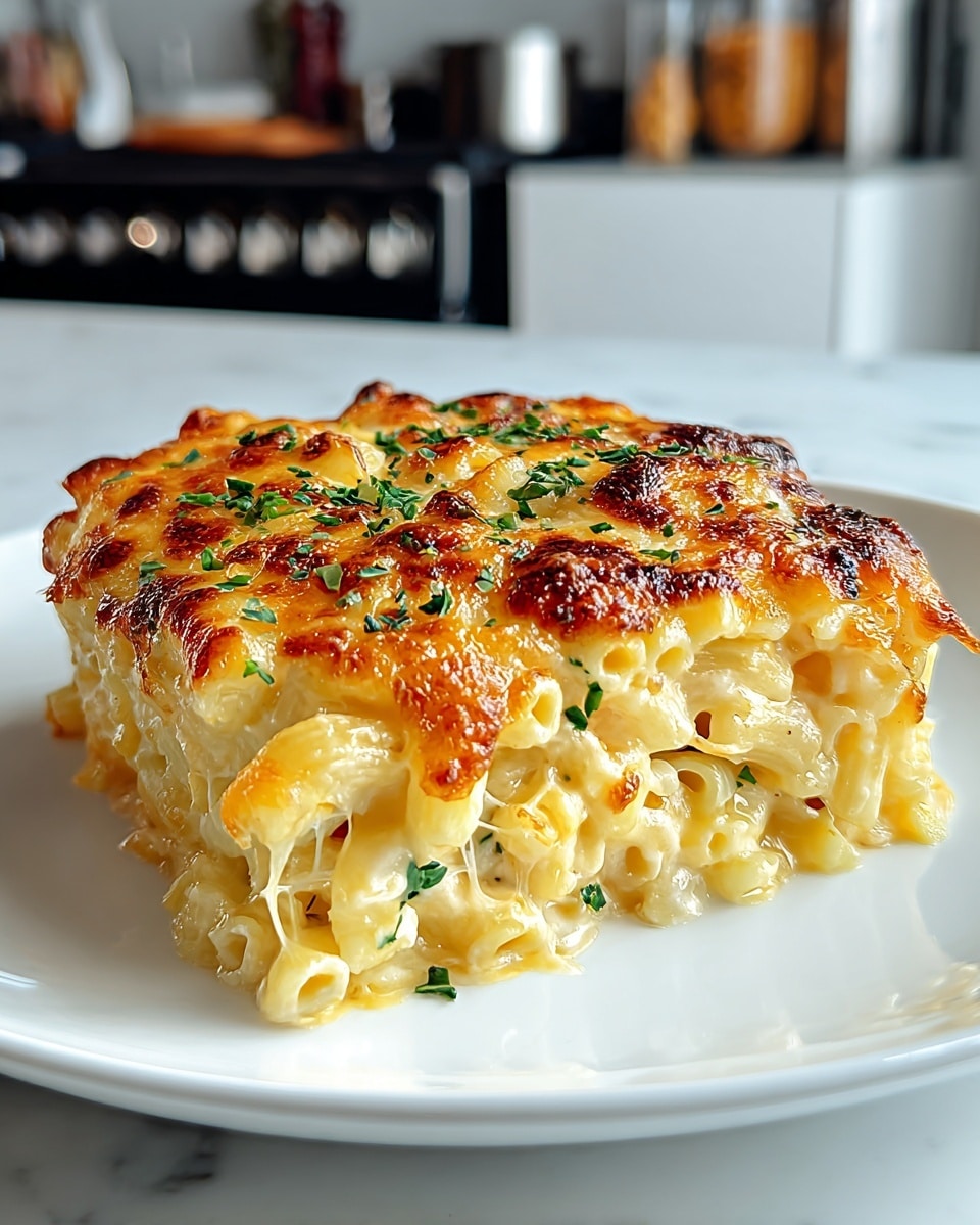 A single square piece of baked macaroni and cheese sits in the center of a white plate, placed on a white marbled surface. The dish has three visible layers: the bottom and middle layers are creamy pale yellow pasta tubes coated in smooth melted cheese, while the top layer is a golden-brown crust of bubbly, slightly charred melted cheese sprinkled with small bits of fresh green herbs. Some pasta edges peek out from the sides, and the melted cheese looks gooey and thick. The background shows a blurred kitchen setting. Photo taken with an iphone --ar 4:5 --v 7