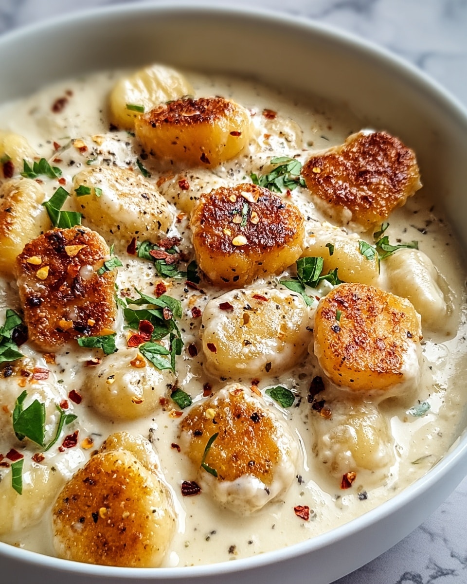 A close-up of a bowl filled with round gnocchi covered in a thick, creamy white sauce with visible herbs and black pepper. On top, several gnocchi pieces are golden brown and crispy, showing a crunchy texture with some red pepper flakes sprinkled around. Fresh green chopped herbs are scattered over the dish, adding a pop of color. The bowl is white, and the background shows a white marbled texture. photo taken with an iphone --ar 4:5 --v 7