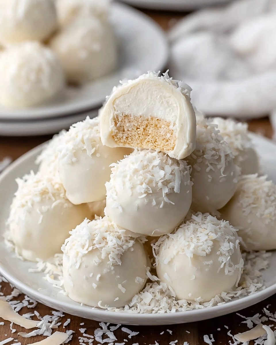 A white plate is filled with a pile of round white treats coated in a smooth white layer, topped with scattered light beige shredded coconut. One treat is cut in half and placed on top, showing three layers: a thin, light brown crumbly base at the bottom, a thick, creamy white middle layer with a soft and slightly grainy texture, and an outer white coating sprinkled with shredded coconut. The plate sits on a table with some shredded coconut scattered around. The background is blurred but suggests more treats on a white plate and a white cloth. Photo taken with an iphone --ar 4:5 --v 7