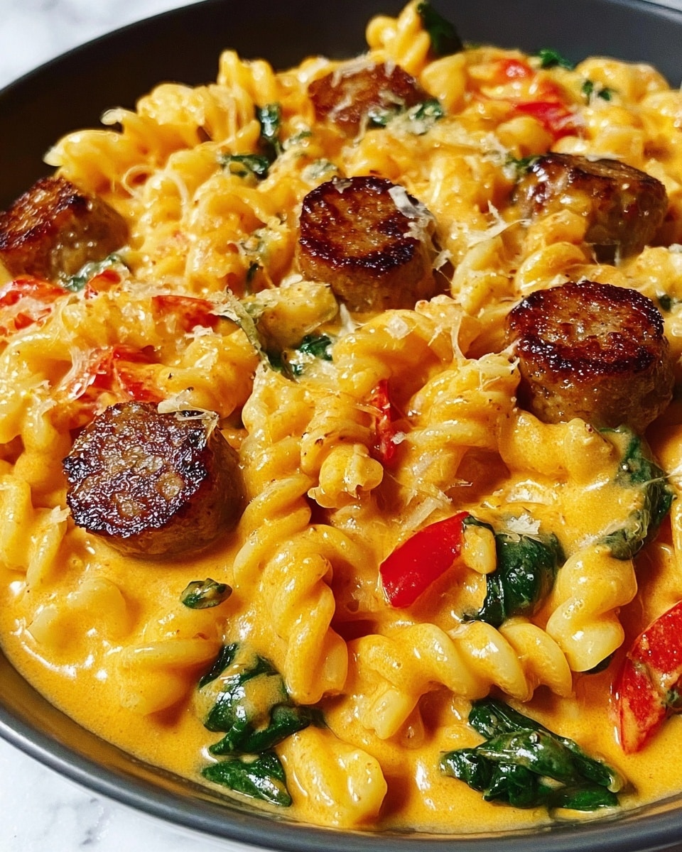 This close-up image shows a creamy pasta dish with three types of noodles layered together, all coated in a thick, orange-yellow cheese sauce with green herb specks spread throughout. On top, there are browned, round sausage pieces with a slightly crisp surface, arranged evenly over the pasta. Small chunks of red bell pepper and wilted green spinach leaves are mixed in among the pasta, adding color contrast. The dish is presented in a black pan with a shiny surface visible around the edges and the background is a white marbled texture. photo taken with an iphone --ar 4:5 --v 7