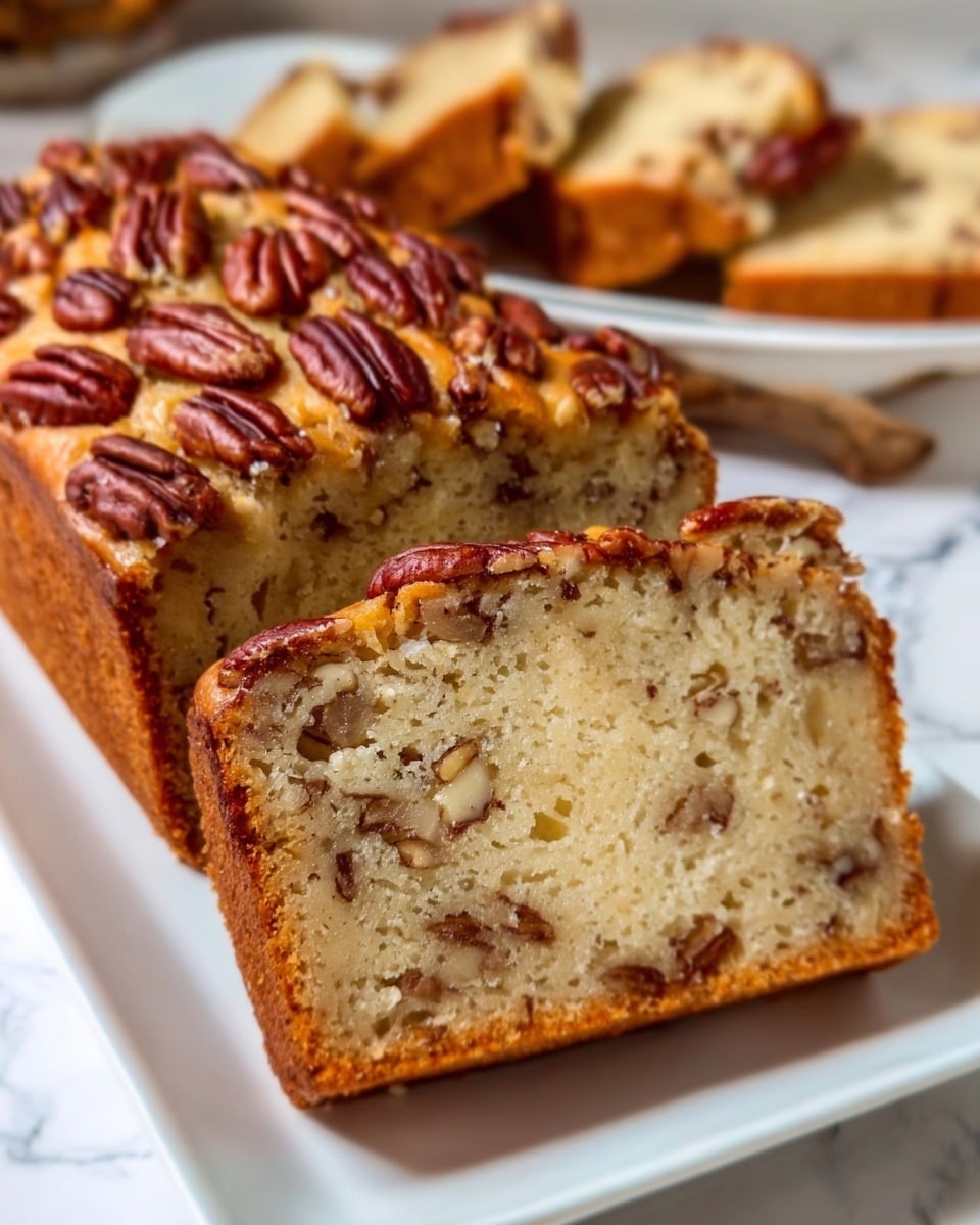 The image shows a loaf cake sliced into pieces on a white rectangular plate placed on a white marbled surface. The cake has two visible layers: a light beige inside dotted with small dark brown bits and pecan pieces, and a darker golden brown outer crust. The top of the cake is sprinkled with whole pecans. Several whole pecans are scattered around the plate. In the background, more sliced pieces of the cake are visible on another white rectangular plate. Photo taken with an iphone --ar 4:5 --v 7