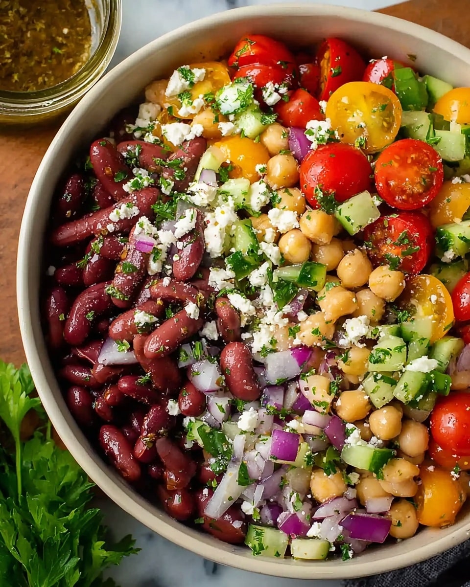 A close-up top view of a bowl filled with a colorful bean salad, showing distinct layers of dark red kidney beans, light beige chickpeas, halved red and yellow cherry tomatoes, chopped green cucumber, diced purple onion, small white crumbles of feta cheese, and sprinkled green parsley herbs, all mixed together with a chunky texture. The salad rests inside a white bowl placed on a table with a white marbled texture, beside a glass jar of dressing and some fresh green herbs. Photo taken with an iphone --ar 4:5 --v 7