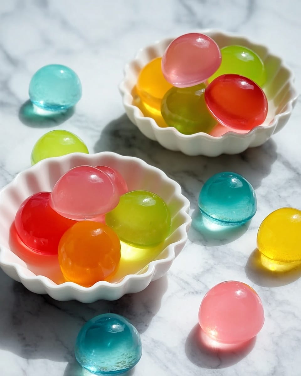 Two white scalloped bowls filled with colorful, glossy jelly-like spheres sit on a white marbled surface. Each bowl contains about two layers of translucent jelly pieces in bright colors like pink, green, yellow, and orange, with smooth and shiny textures. Around the bowls are scattered more jelly spheres resting directly on the white marbled surface in similar colors including blue and green. The light reflects softly on the round jelly shapes, enhancing their smooth, shiny look. Photo taken with an iphone --ar 4:5 --v 7