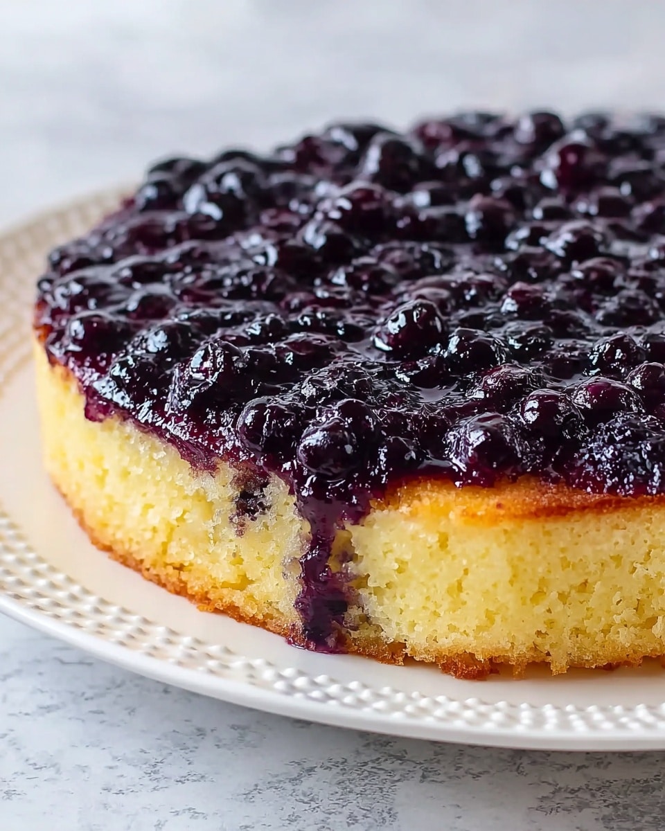 A close-up image of a slice of blueberry cake placed on a white plate, sitting on a white marbled surface. The cake has two visible layers: the bottom layer is thick and yellow with a soft, moist texture, and the top layer is a glossy mix of whole blueberries and blueberry glaze, deep purple in color, giving a juicy, shiny look. The blueberry topping covers the entire top of the slice and slightly drips over the edges. Photo taken with an iphone --ar 4:5 --v 7